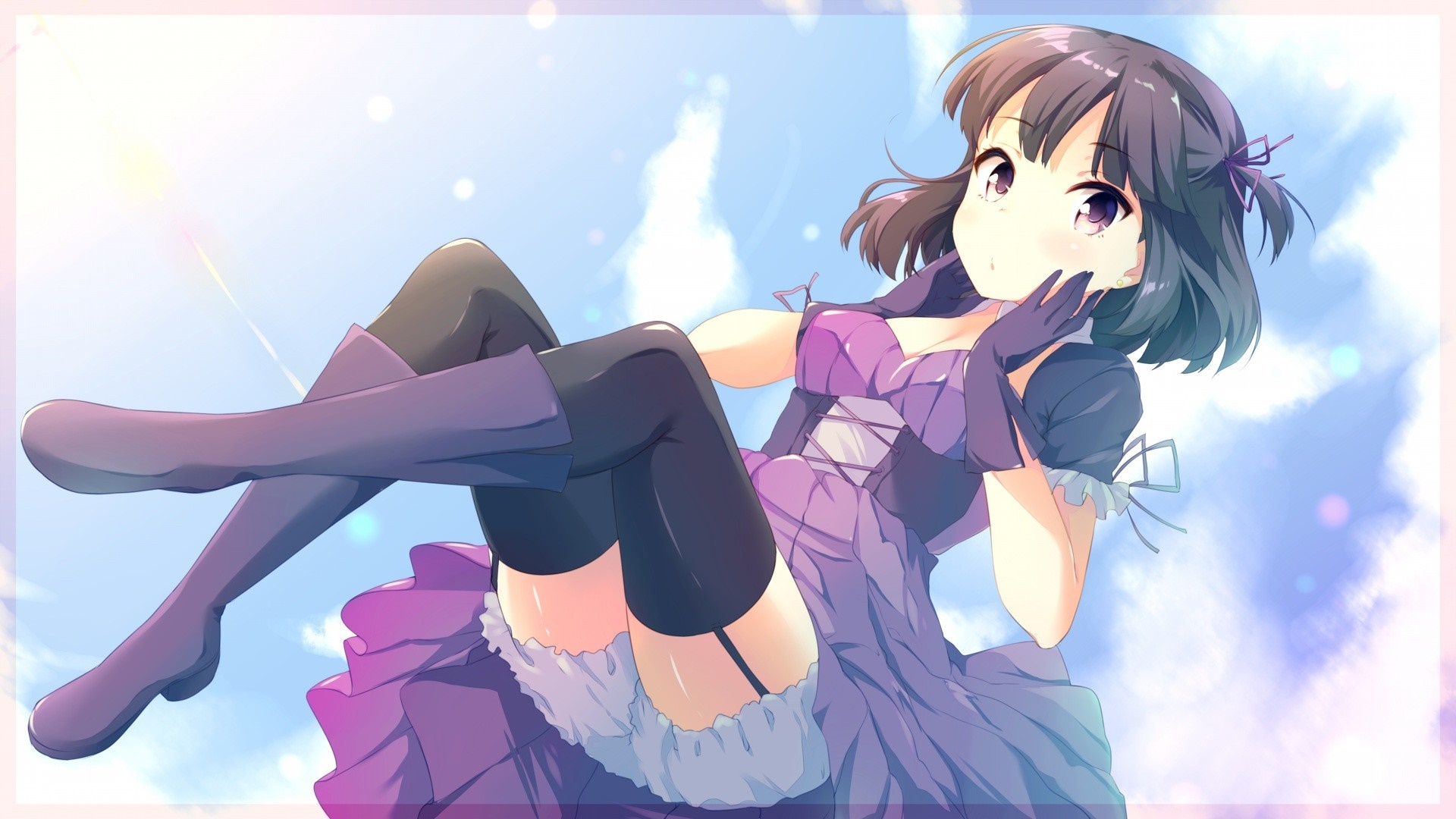 Anime girl with short black hair in purple dress HD Wallpaper