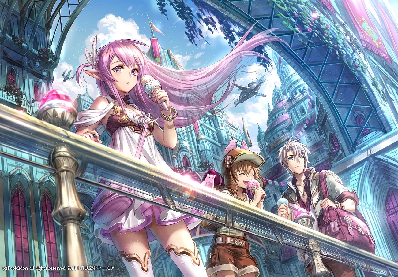 Anime characters eating ice cream in a fantasy city HD Wallpaper
