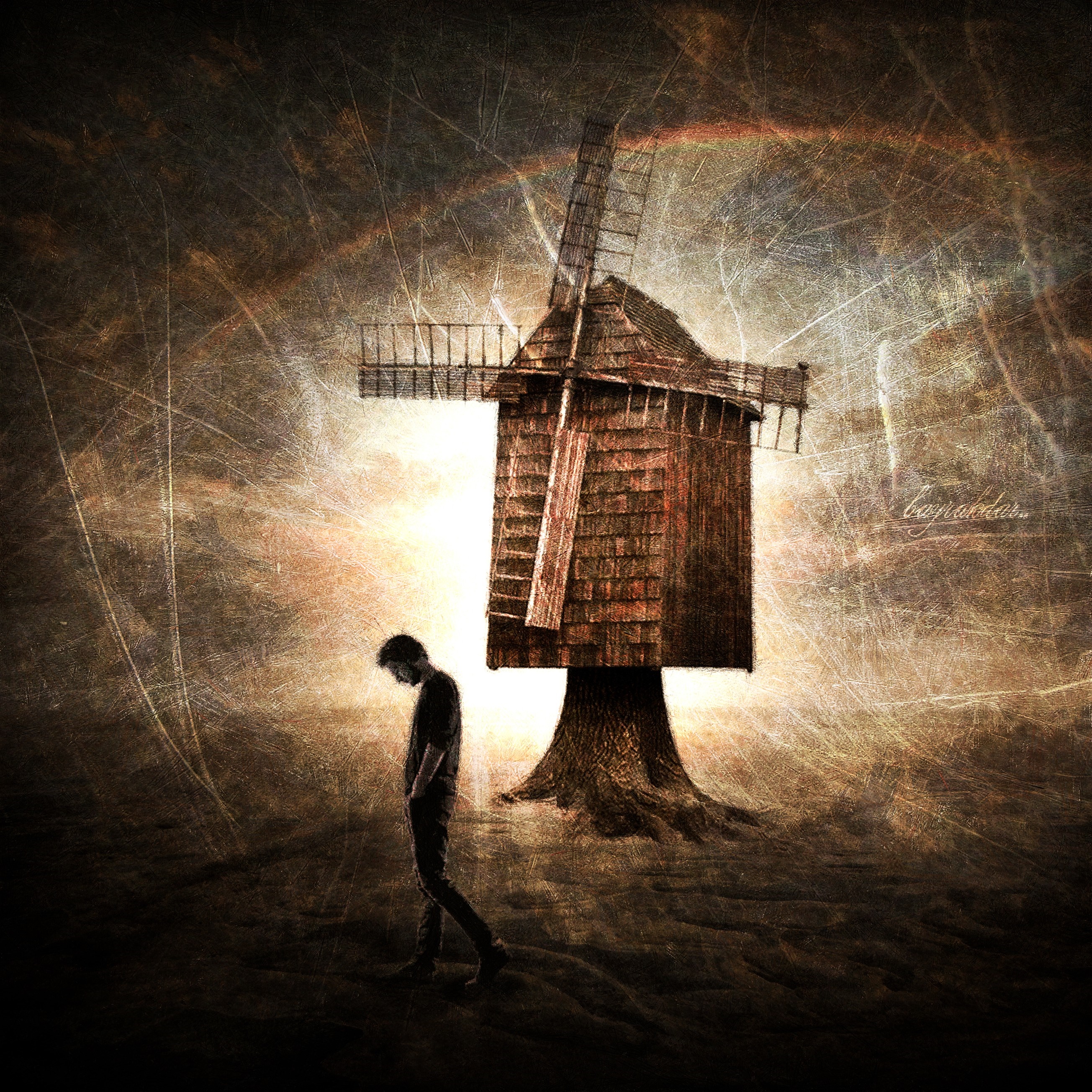 Man walking past a surreal windmill at sunset HD Wallpaper