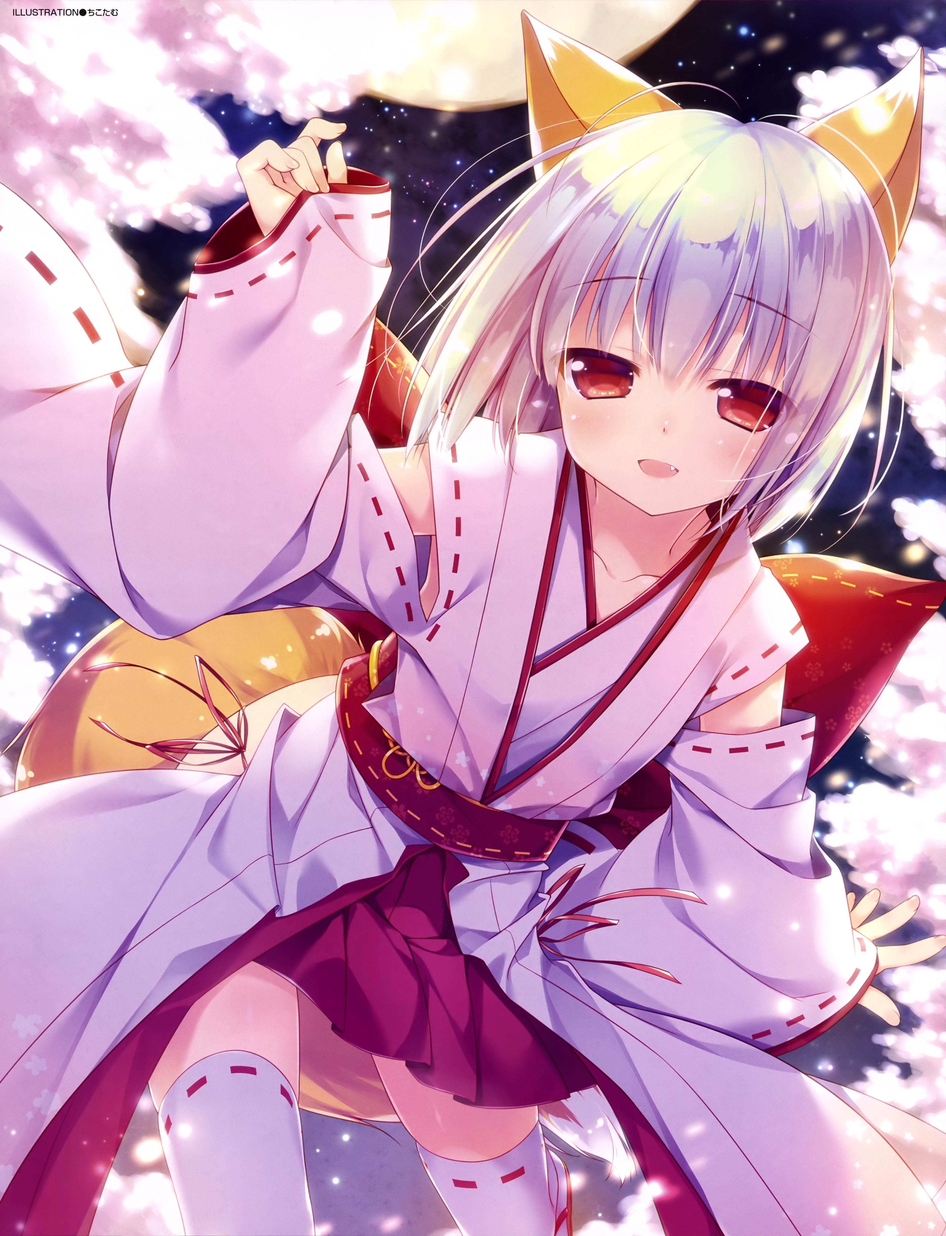 Anime girl with fox ears and tail in kimono HD Wallpaper