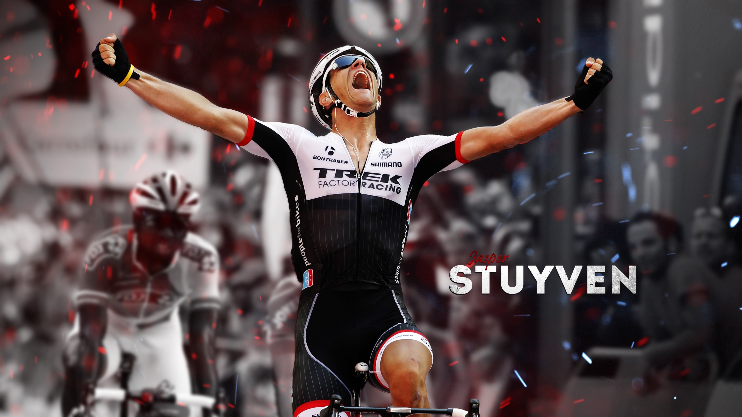 Jasper Stuyven celebrating a cycling victory HD Wallpaper