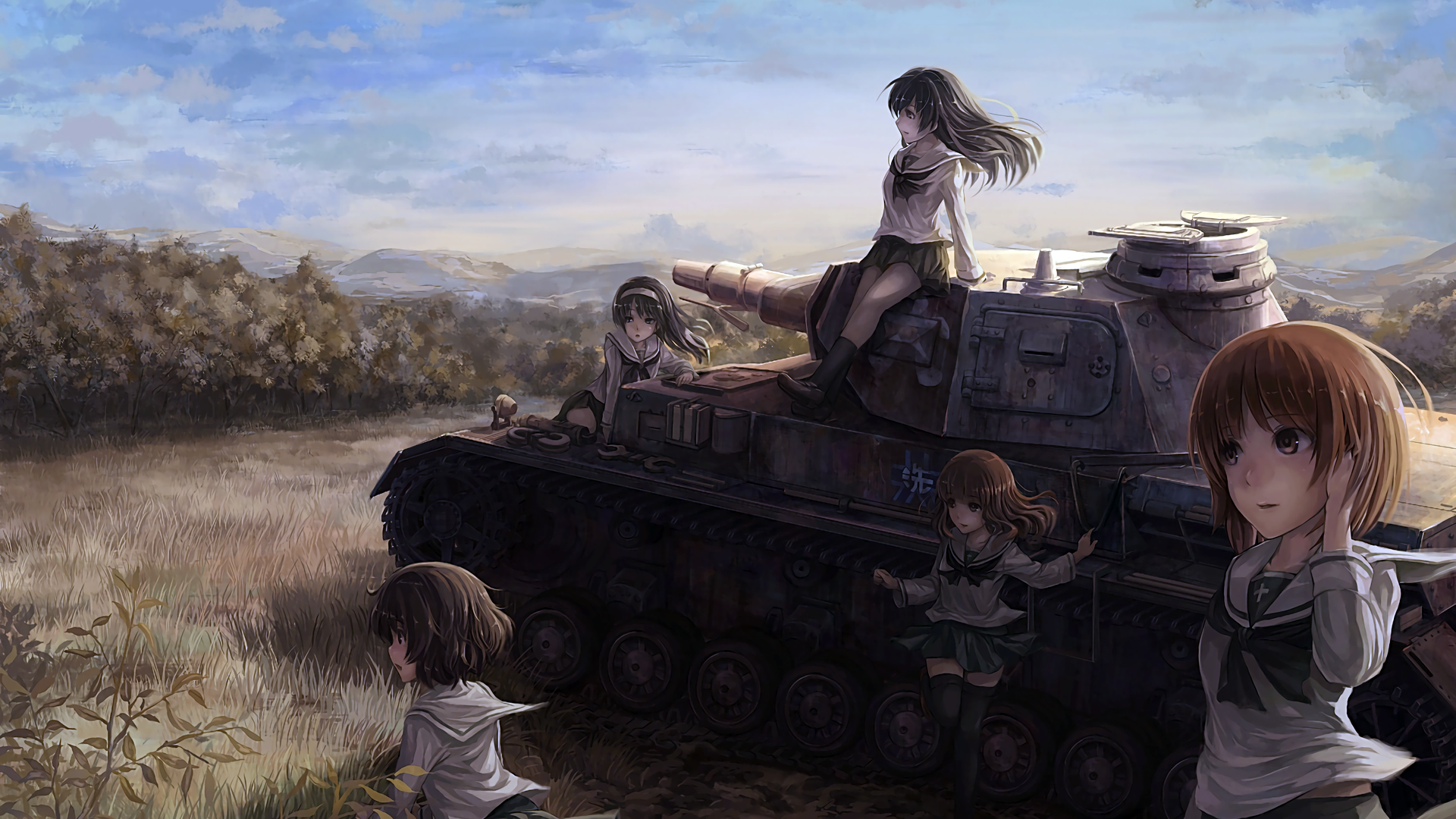 Girls und Panzer characters on a tank HD Wallpaper