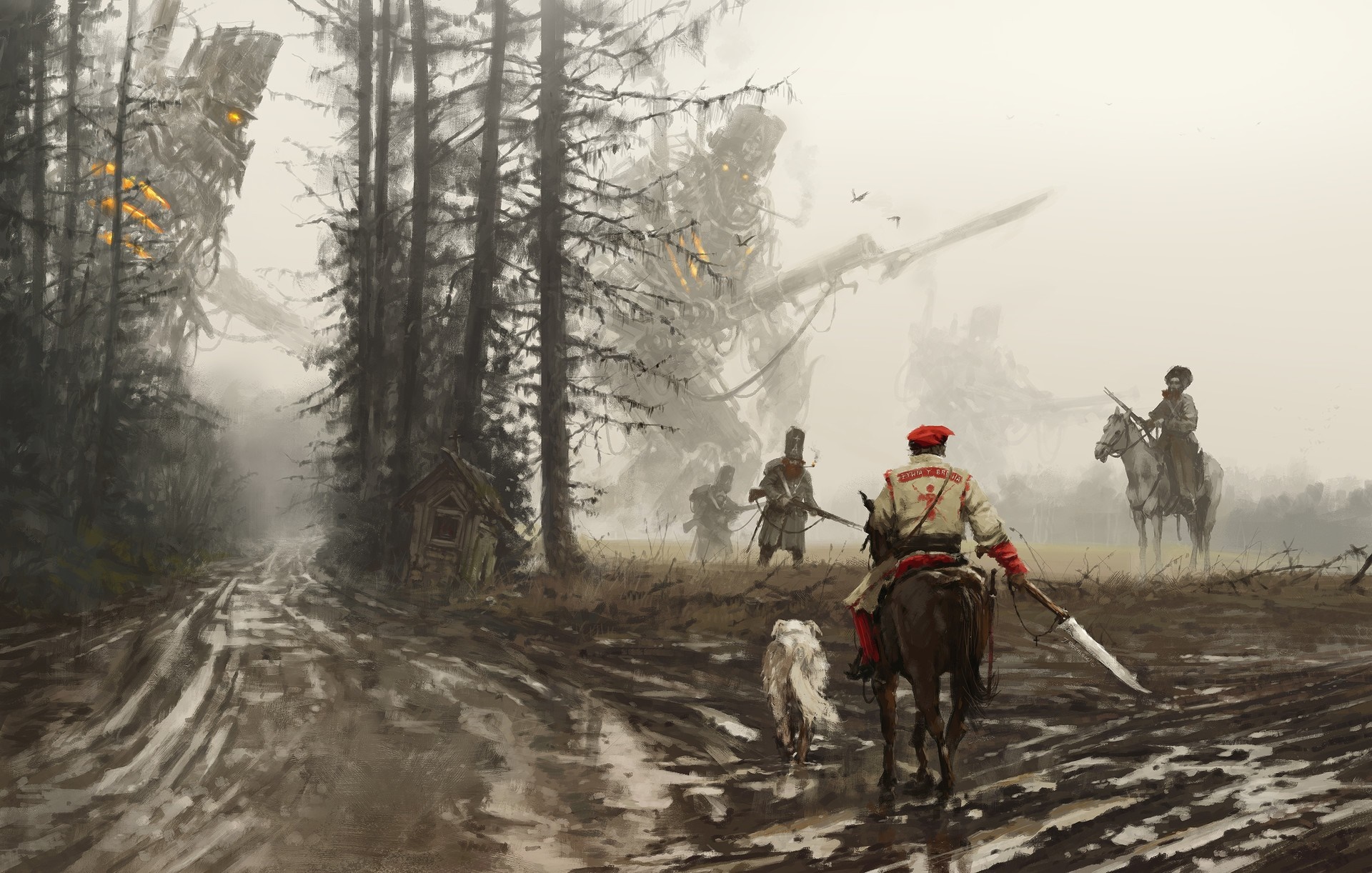 Artwork of giant robots and soldiers in a foggy forest HD Wallpaper