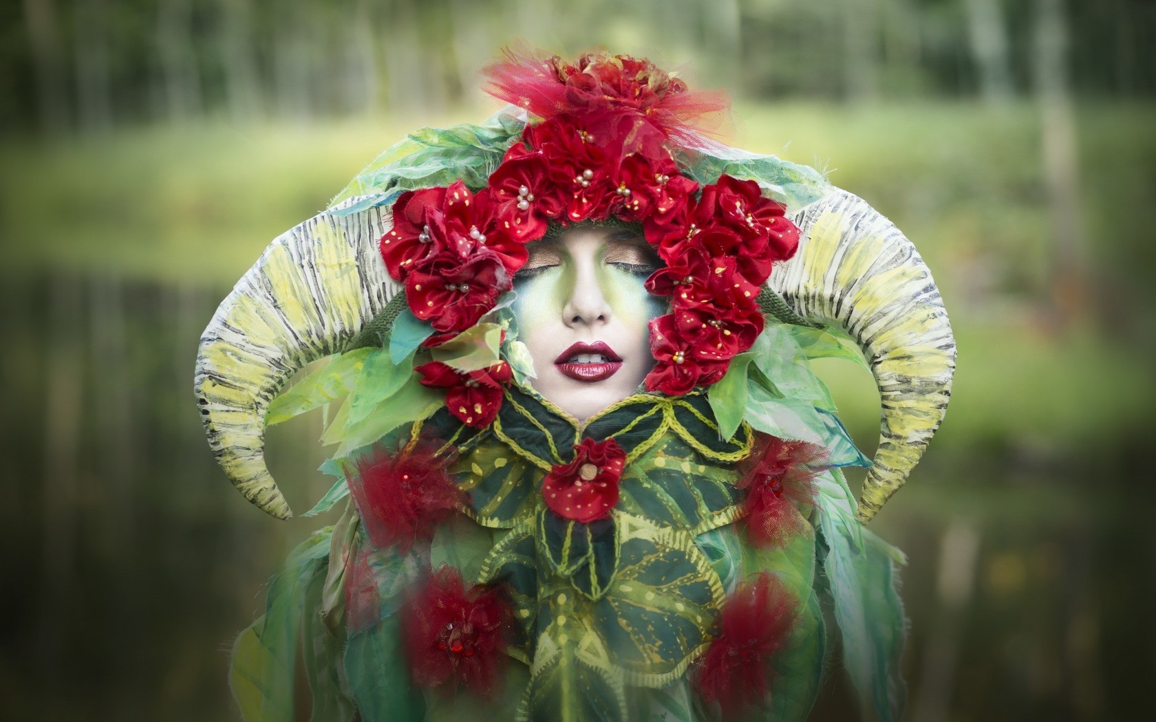 Woman with horns and flower headdress HD Wallpaper