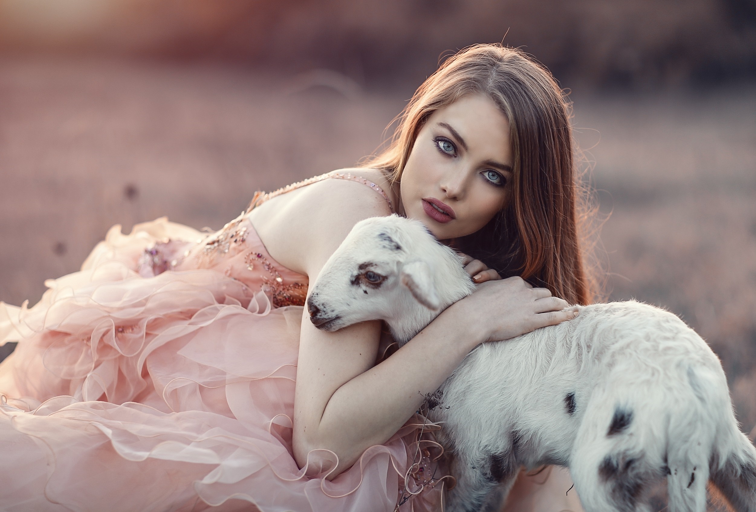 Woman in pink dress with lamb HD Wallpaper