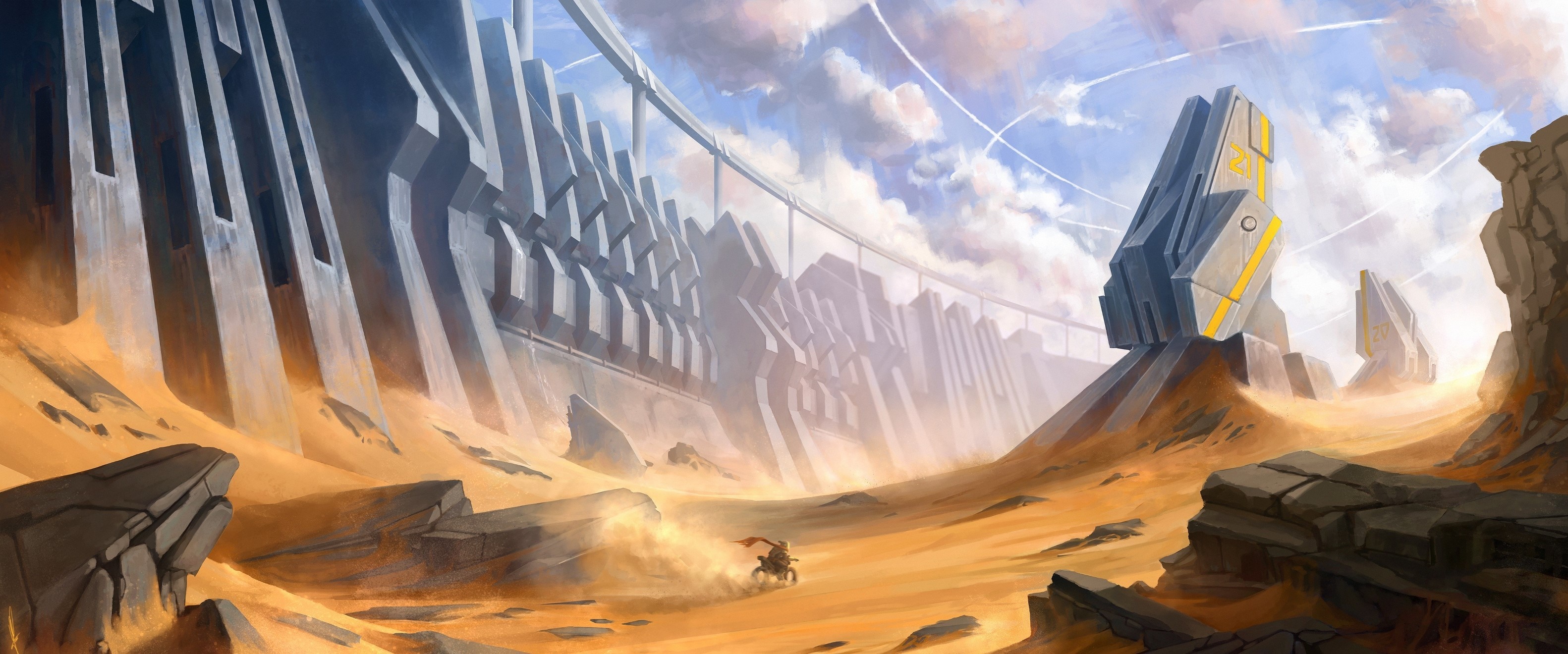Fantasy art of a desert landscape with alien structures HD Wallpaper