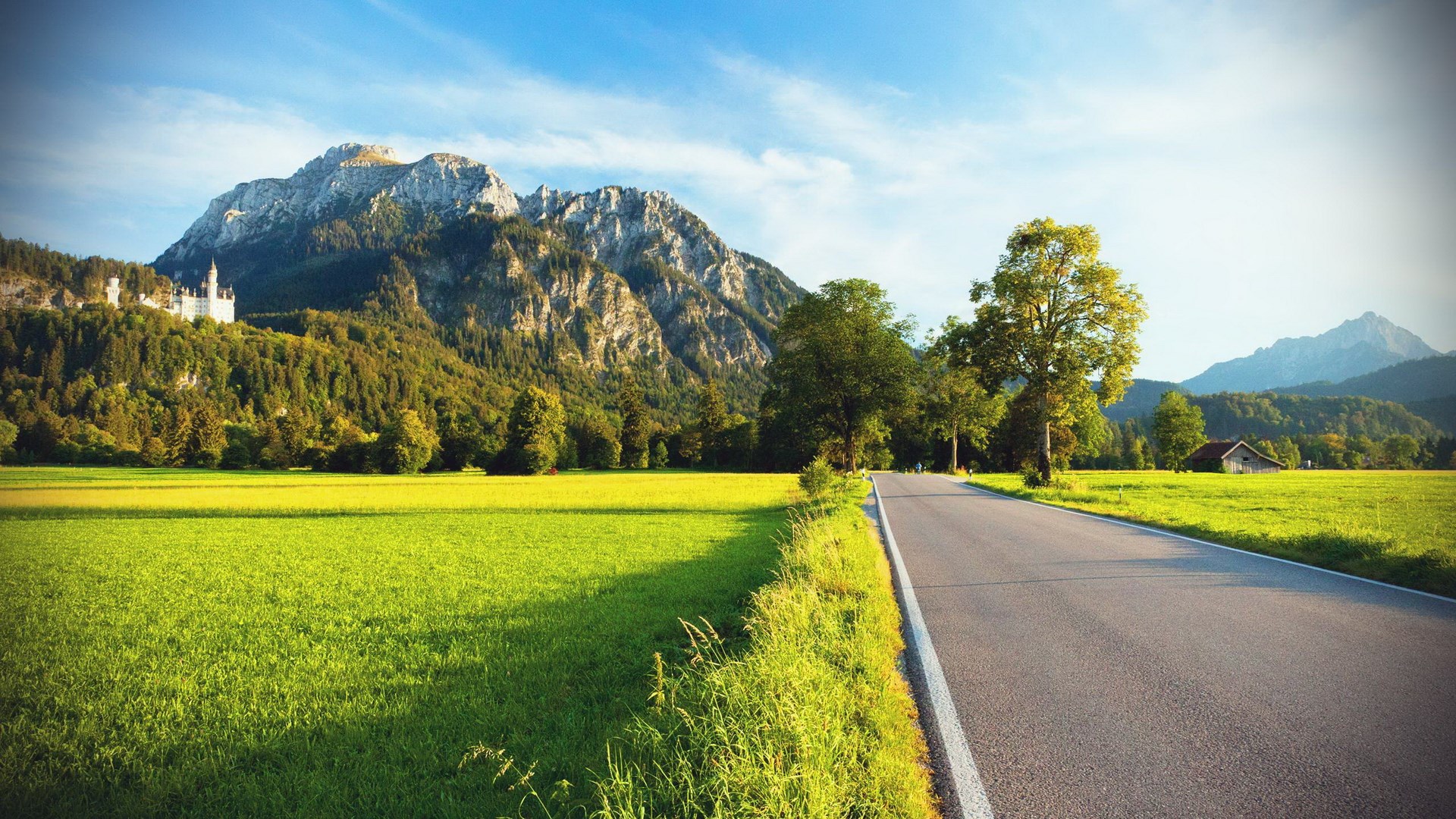 Road leading to mountains with a castle and green fields HD Wallpaper