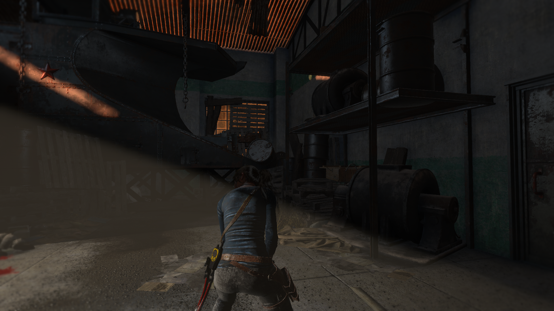 Lara Croft from Rise of the Tomb Raider in a dark industrial setting HD Wallpaper