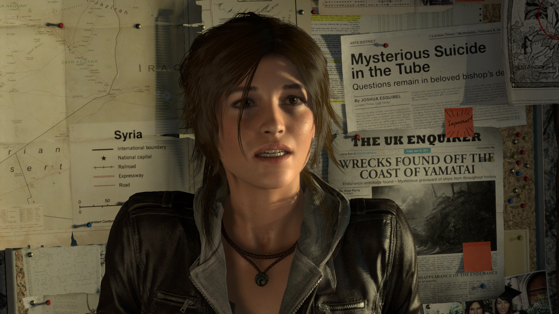 Lara Croft from Tomb Raider in front of a map and newspapers HD Wallpaper