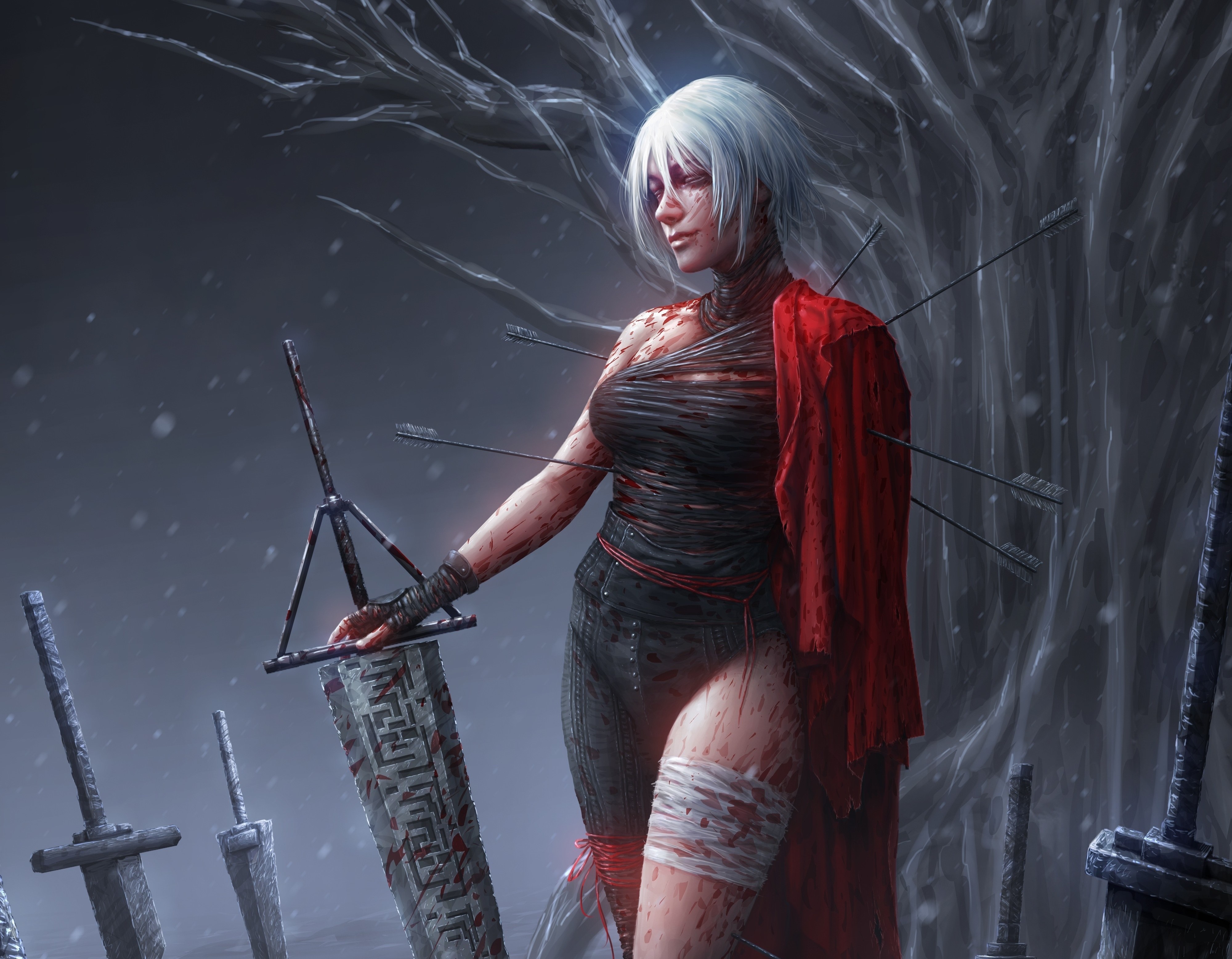 Fantasy art of a wounded woman with arrows and swords HD Wallpaper