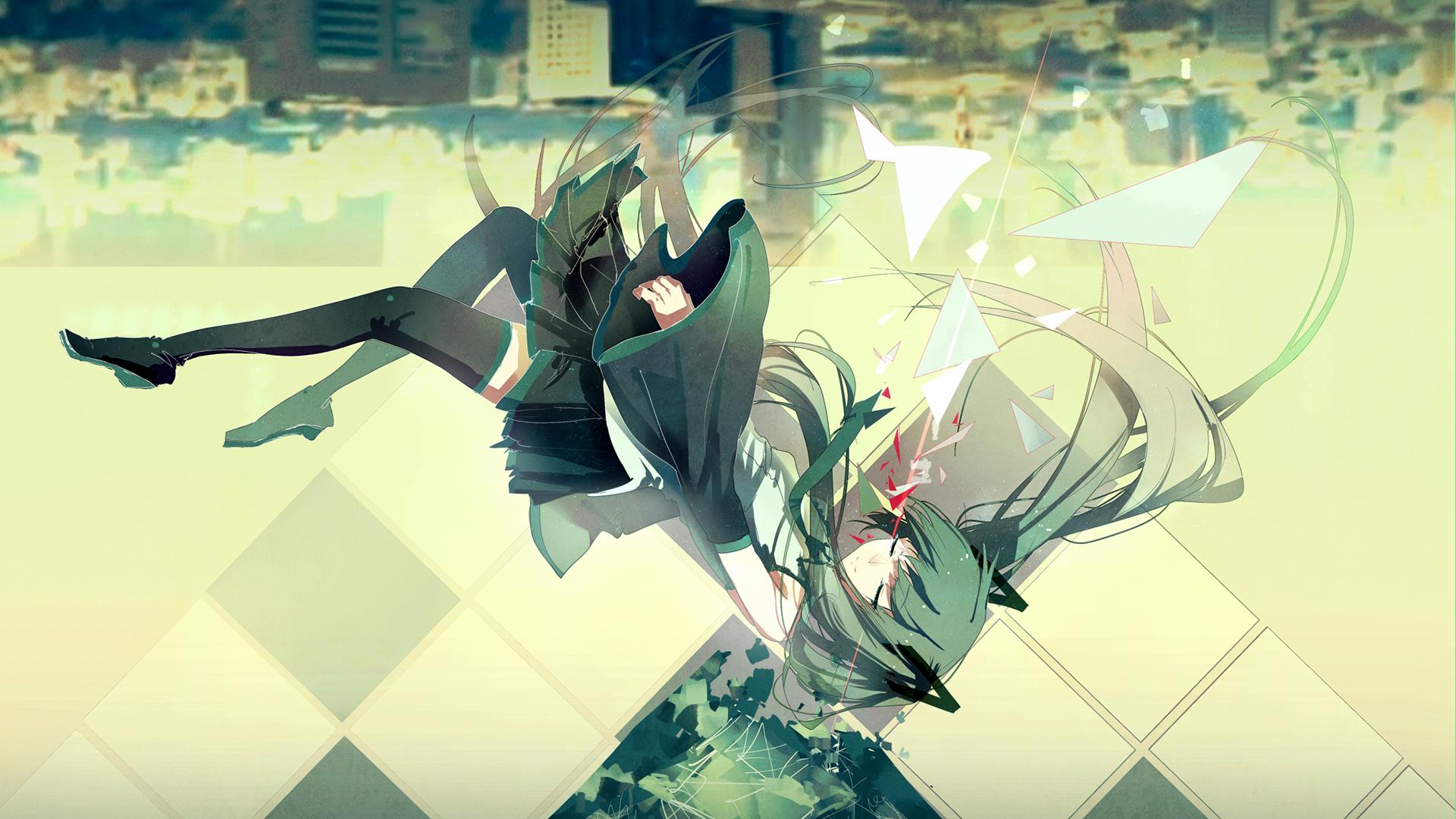 Hatsune Miku falling through a city HD Wallpaper
