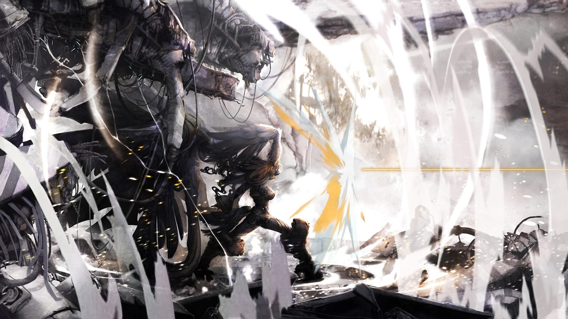 Fantasy art of a girl fighting a machine HD Wallpaper