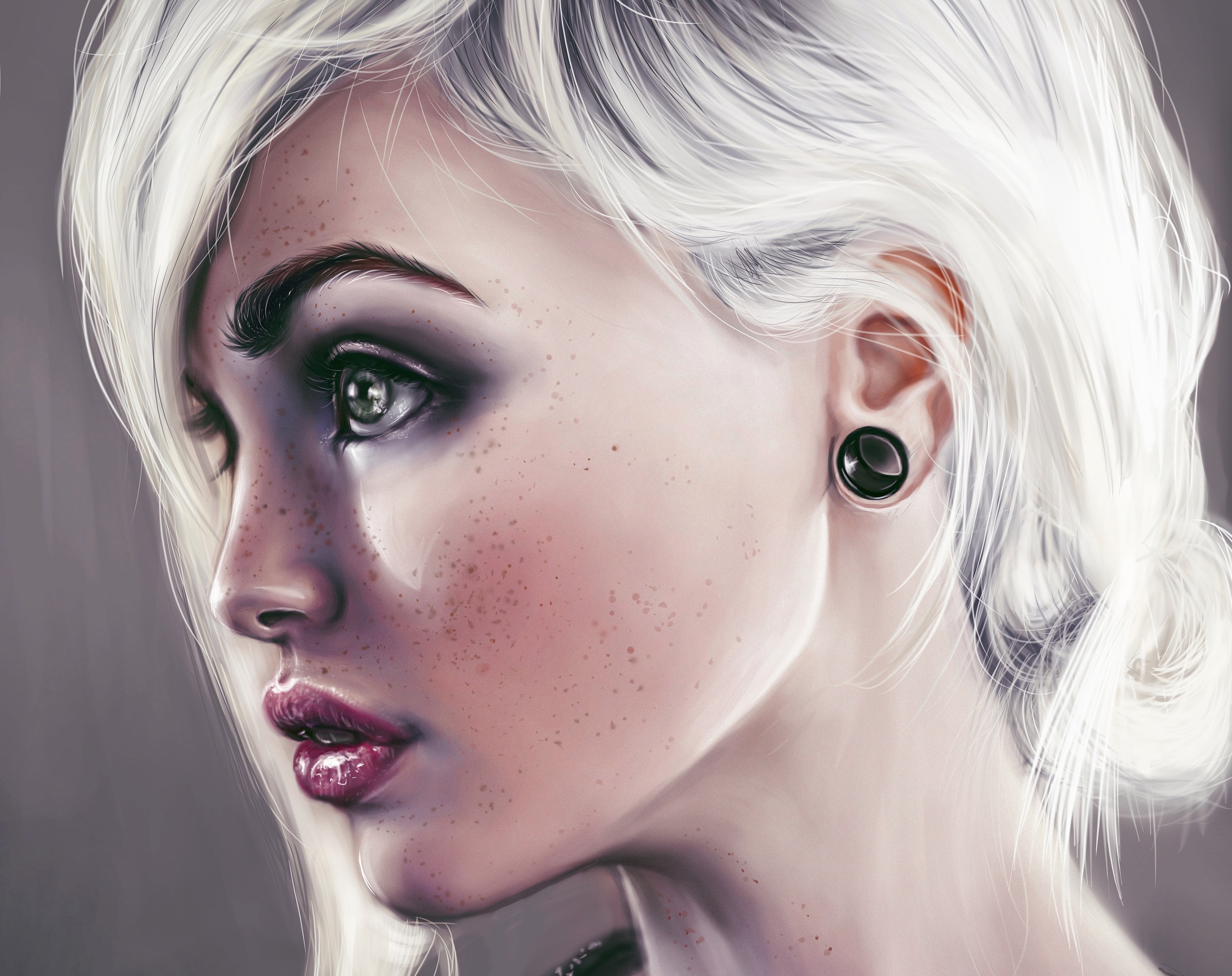 Artwork of a woman with white hair and freckles HD Wallpaper