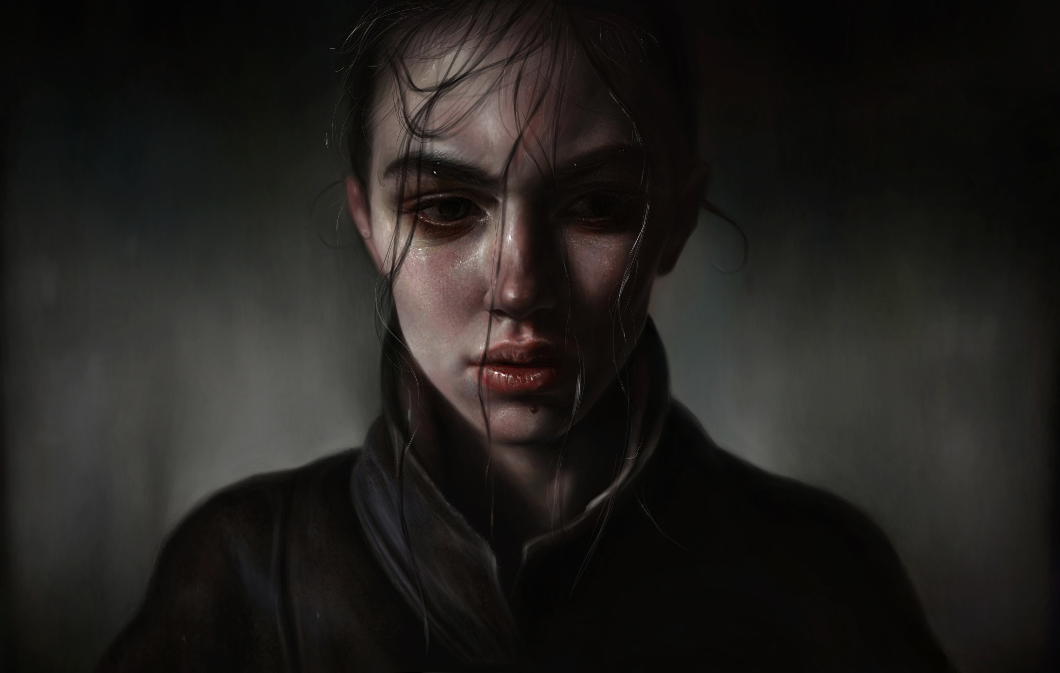 Portrait of a young woman in darkness HD Wallpaper