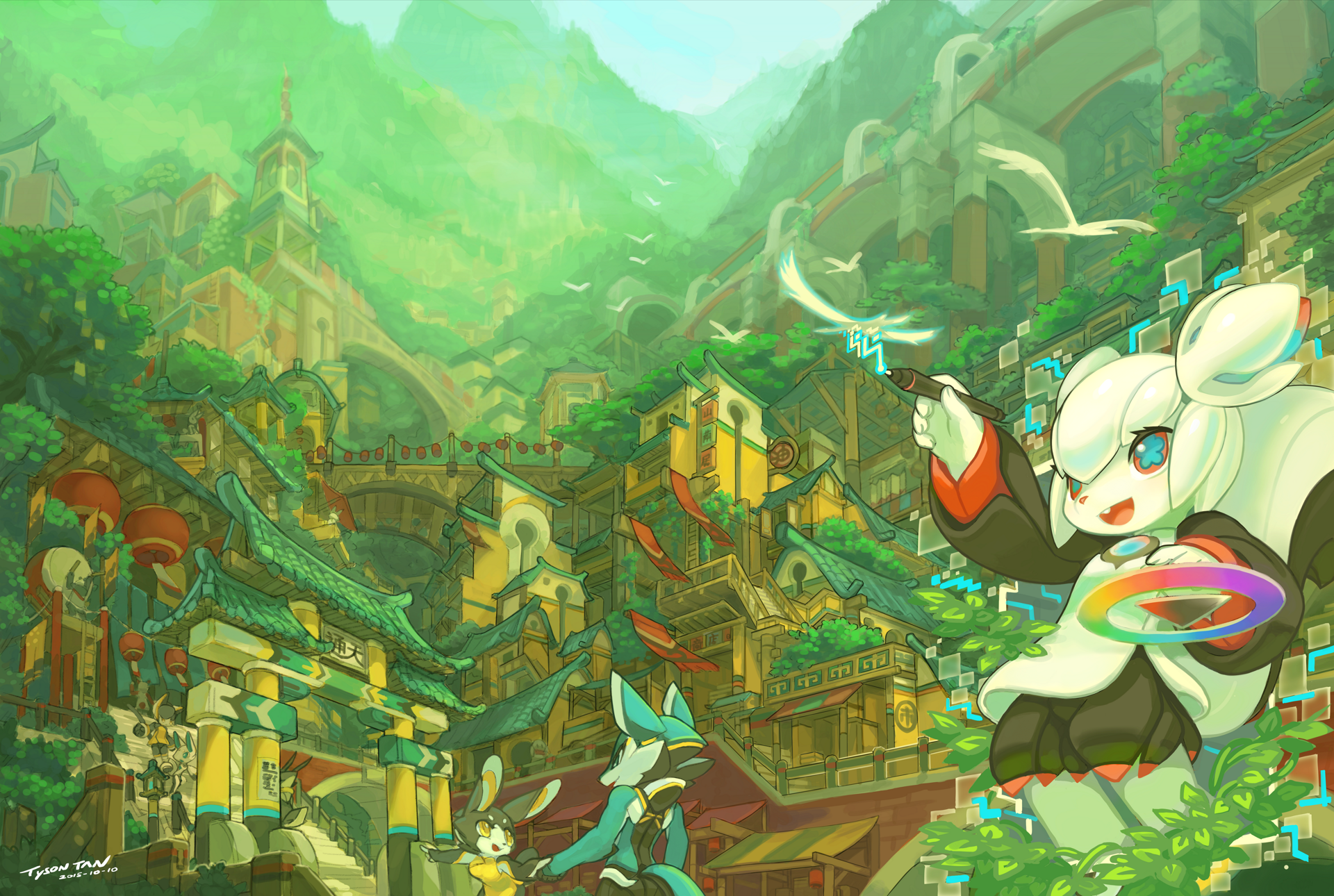 Anime characters in a fantasy city HD Wallpaper