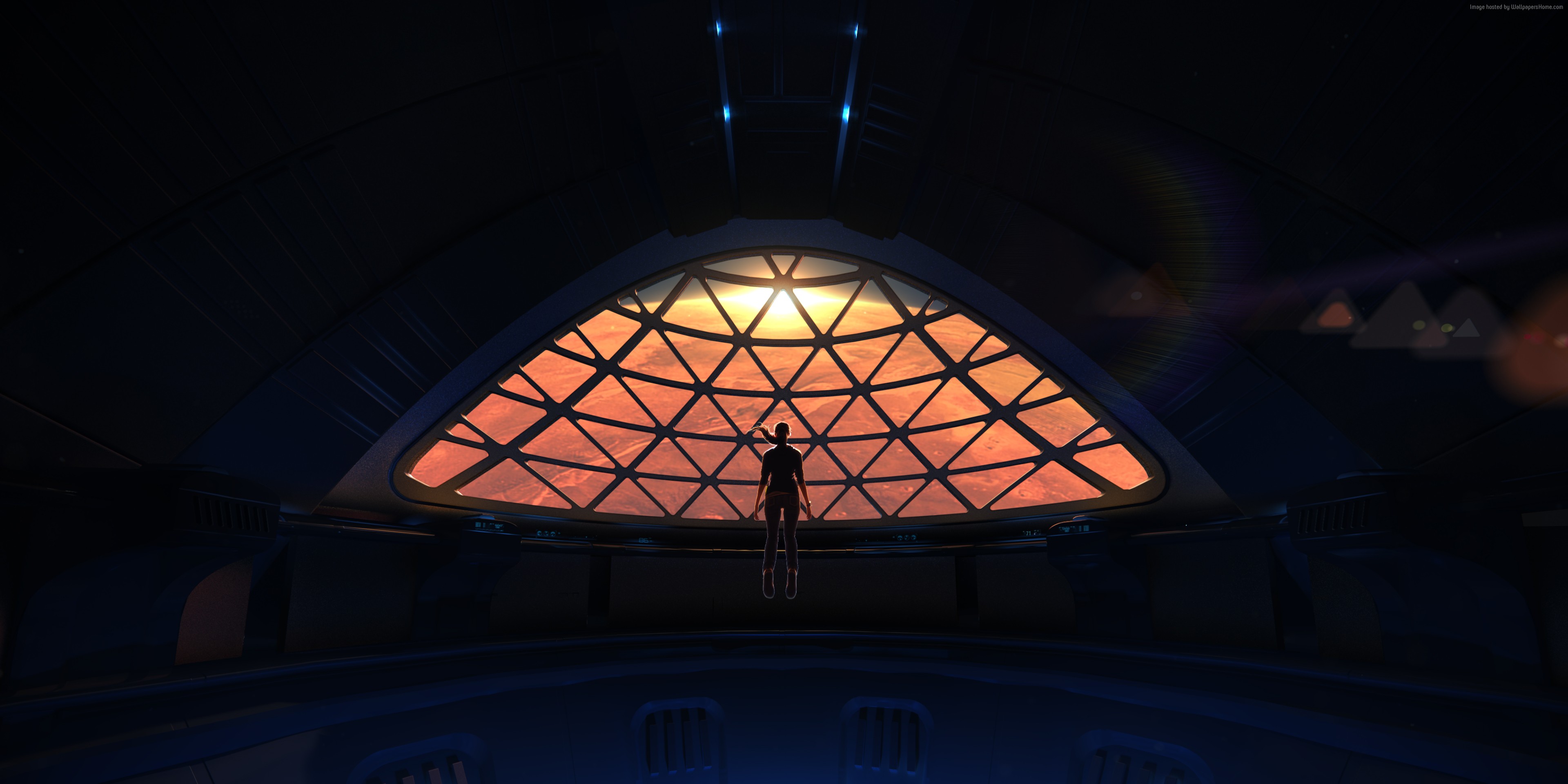 Girl on a spaceship looking at Mars HD Wallpaper