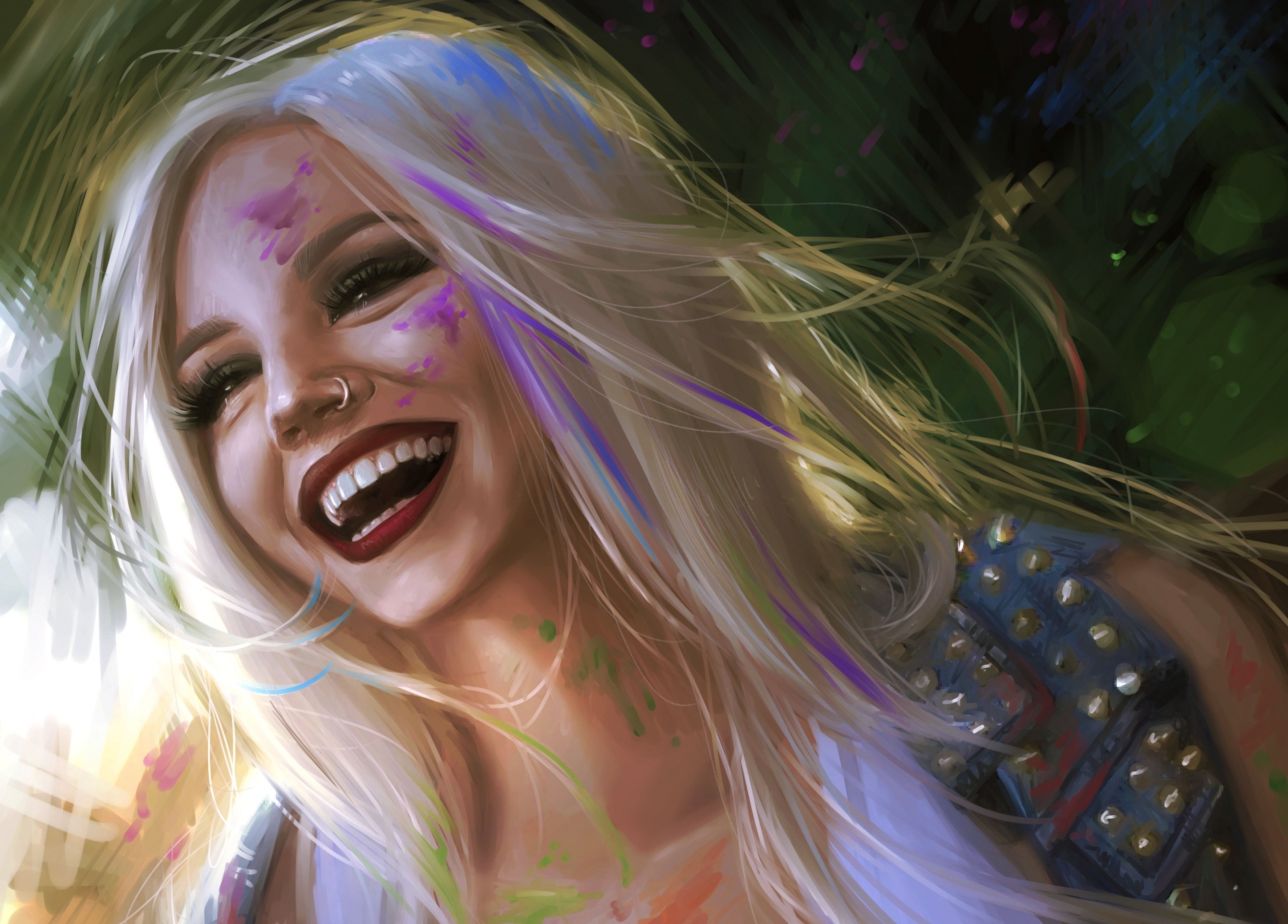 Artwork of a laughing woman with blonde hair HD Wallpaper