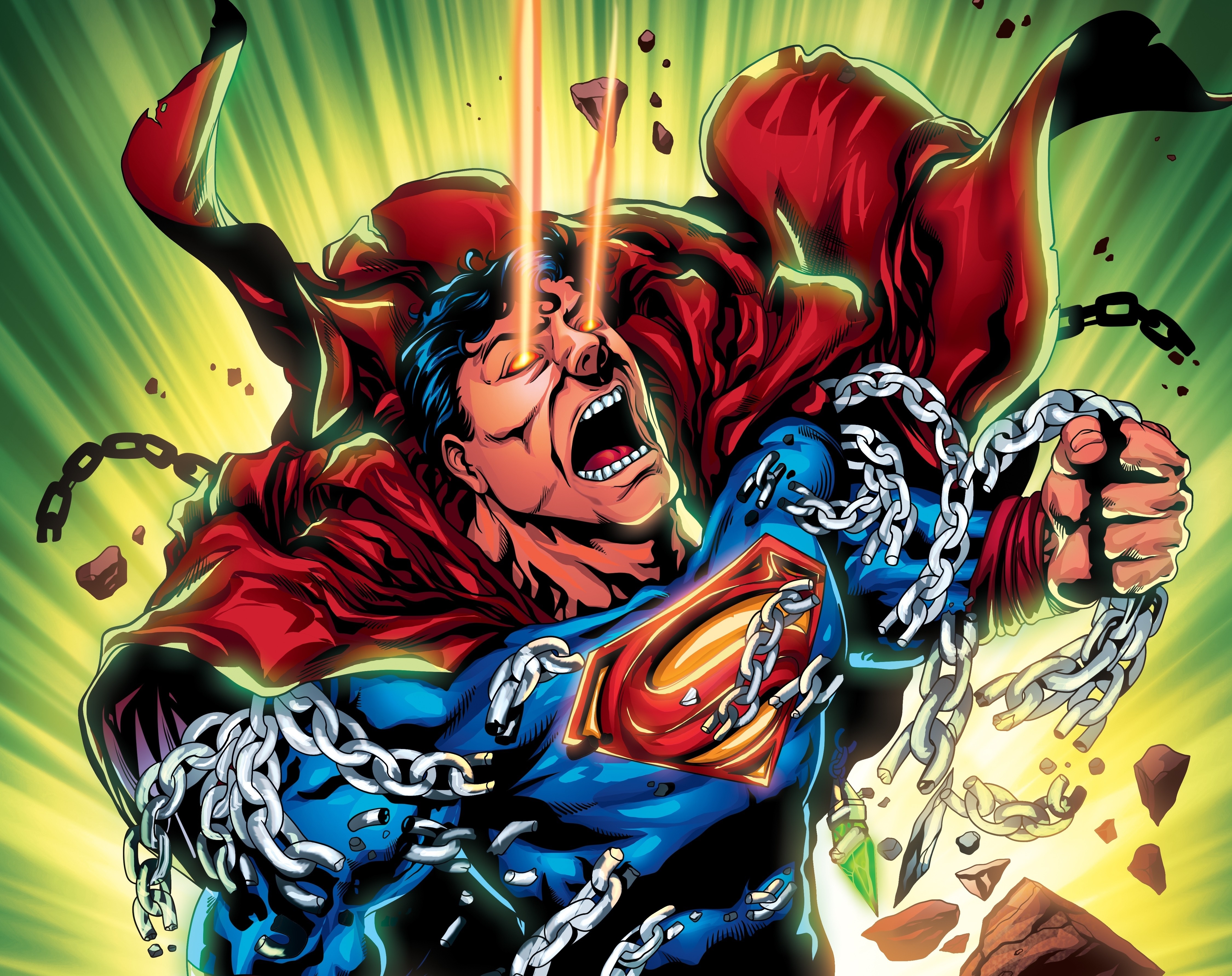 Superman breaking chains with heat vision HD Wallpaper
