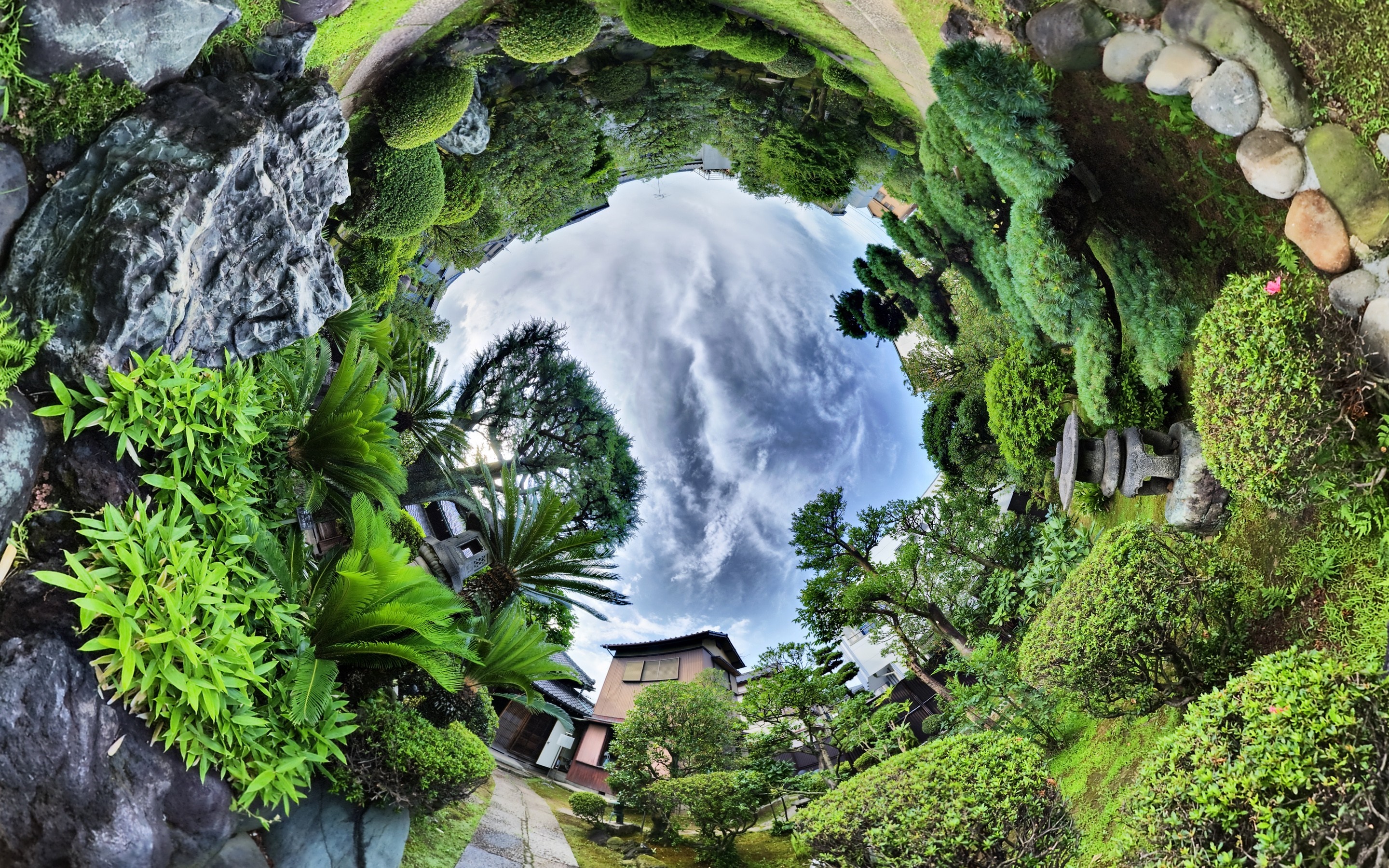 Japanese garden with a fisheye lens view HD Wallpaper