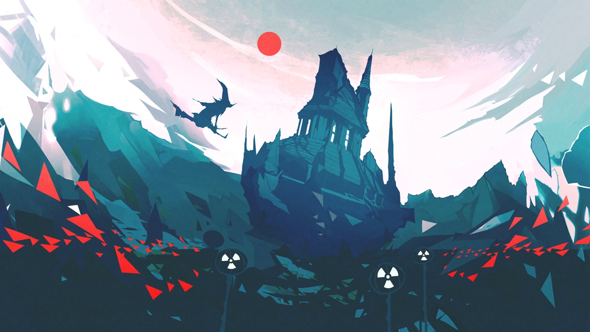 Illustration of a dark castle with a witch and nuclear symbols HD Wallpaper