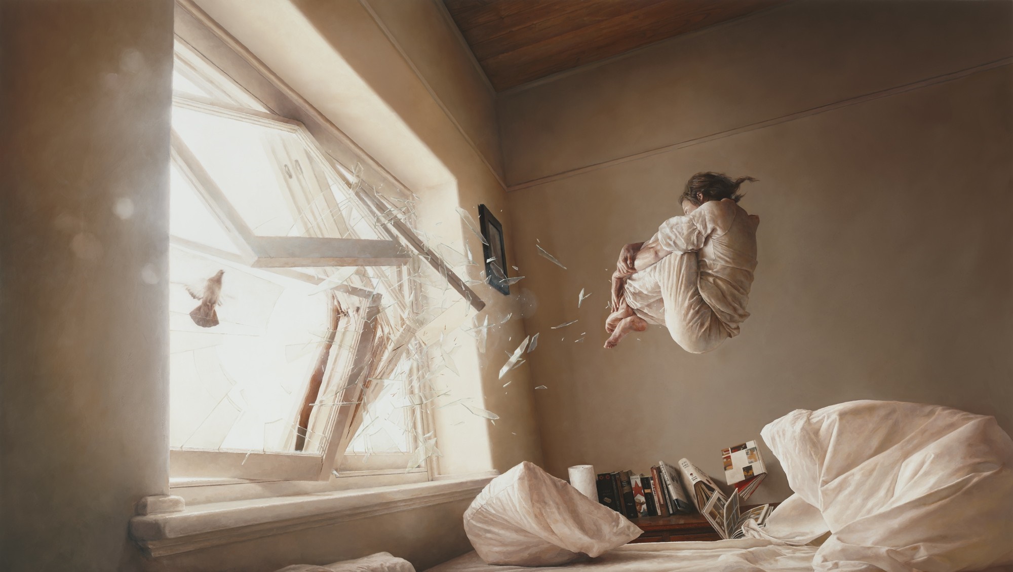 A person levitates in a room with a broken window HD Wallpaper