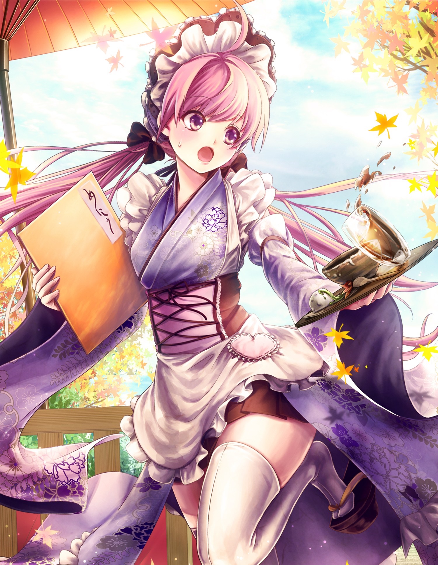 Anime waitress in kimono with falling leaves HD Wallpaper
