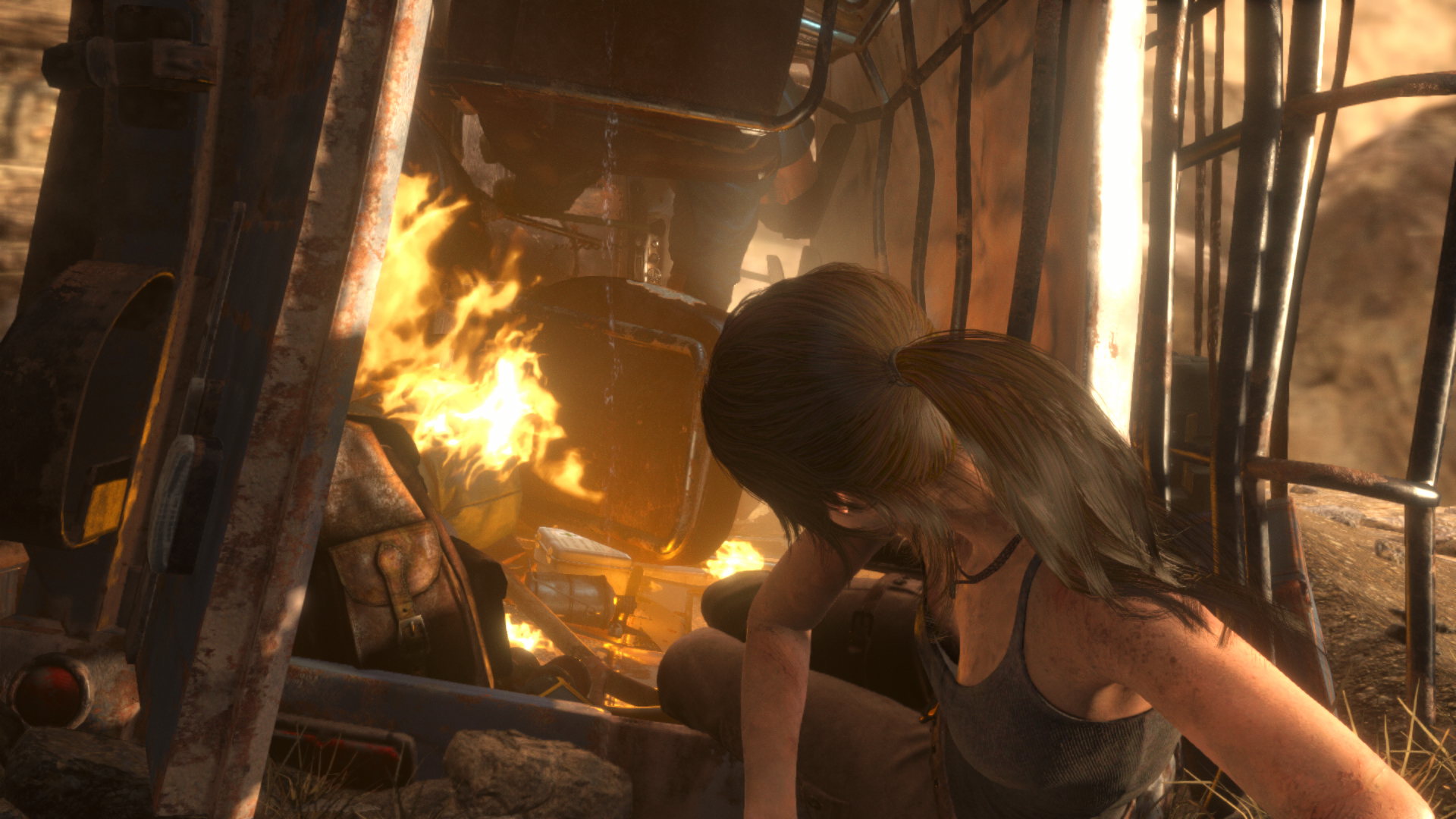 Lara Croft from Tomb Raider in a burning vehicle HD Wallpaper