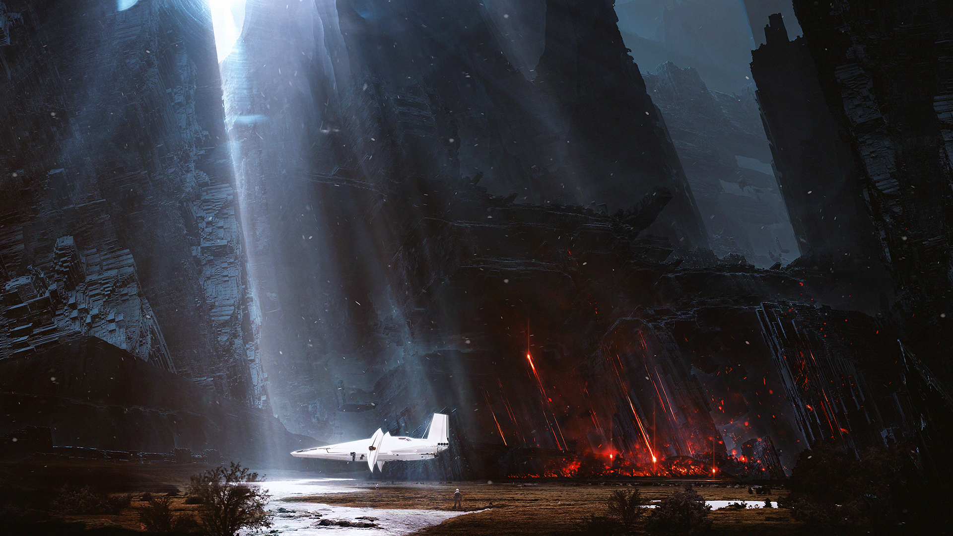 Spaceship in a dark canyon with lava and light beams HD Wallpaper