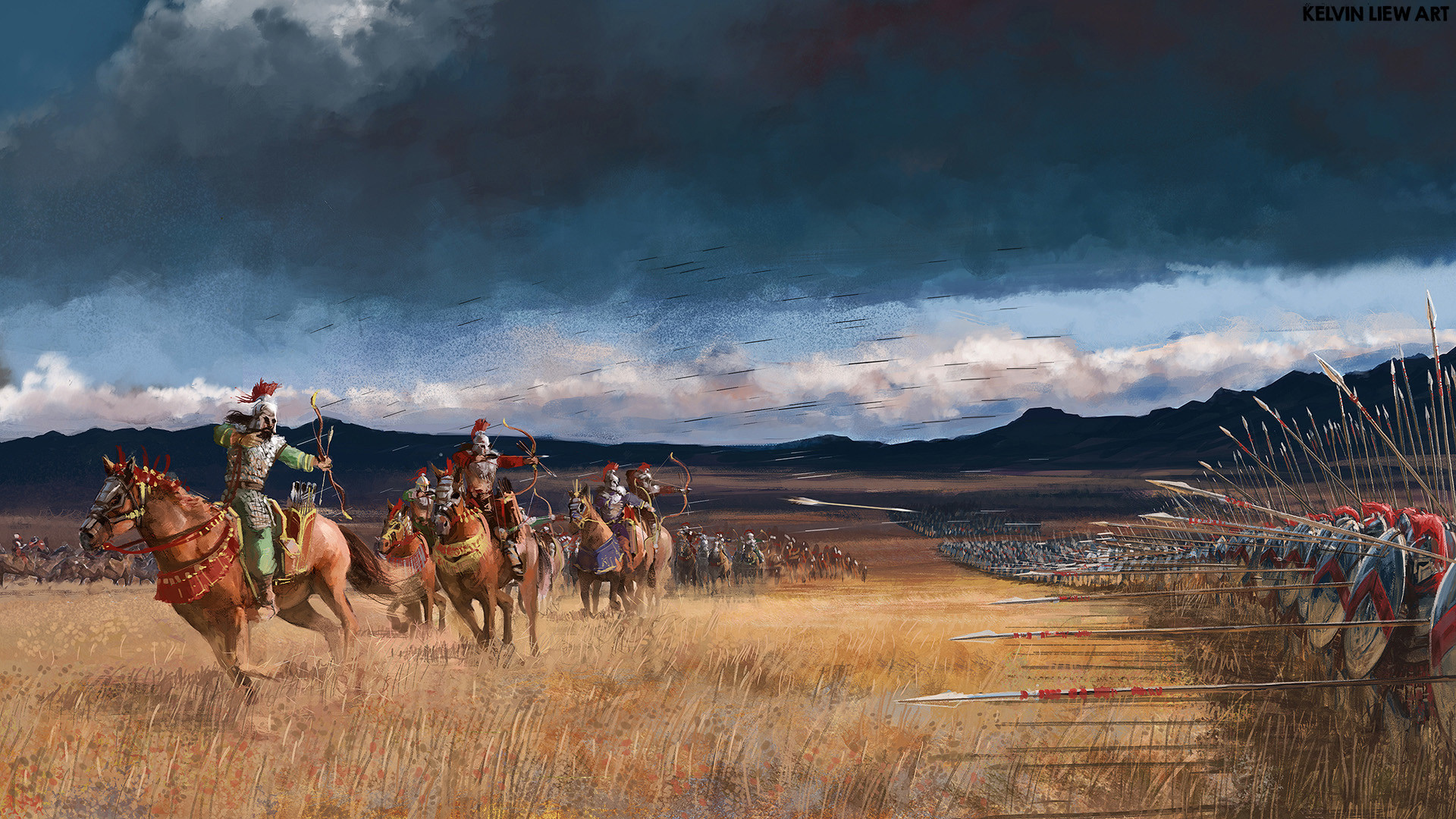 Mounted archers charge across a steppe towards a phalanx of spearmen HD Wallpaper