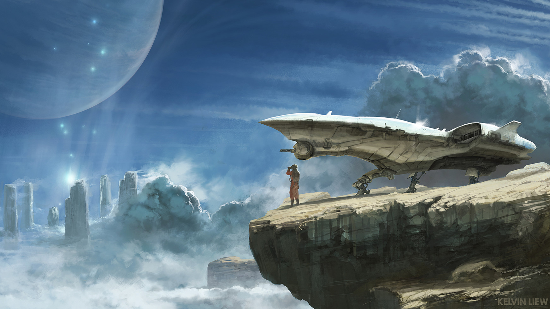 Science fiction explorer with spaceship on alien planet HD Wallpaper