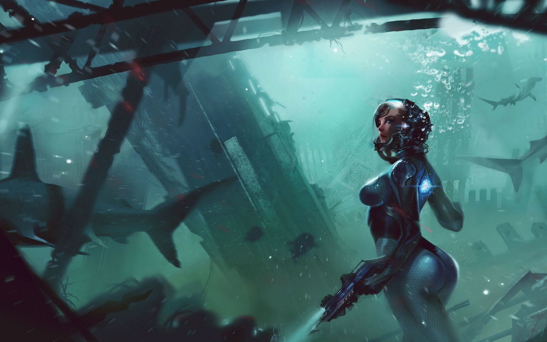 Futuristic diver with sharks near sunken ship HD Wallpaper