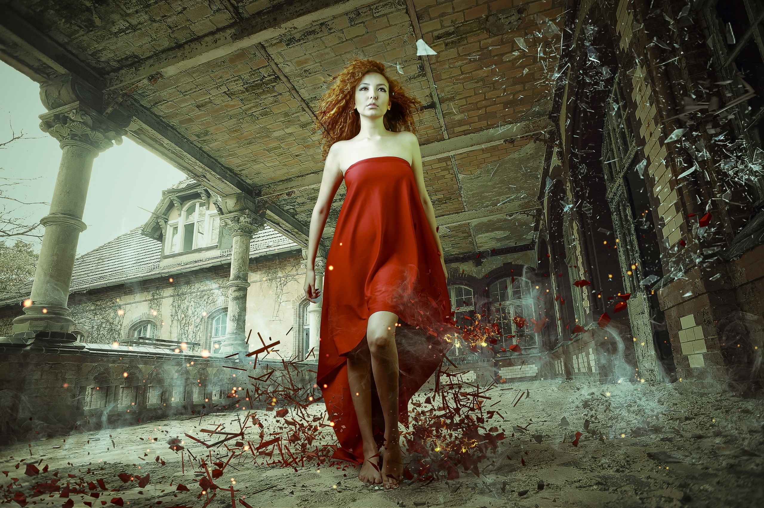 Woman in red dress in ruined building HD Wallpaper