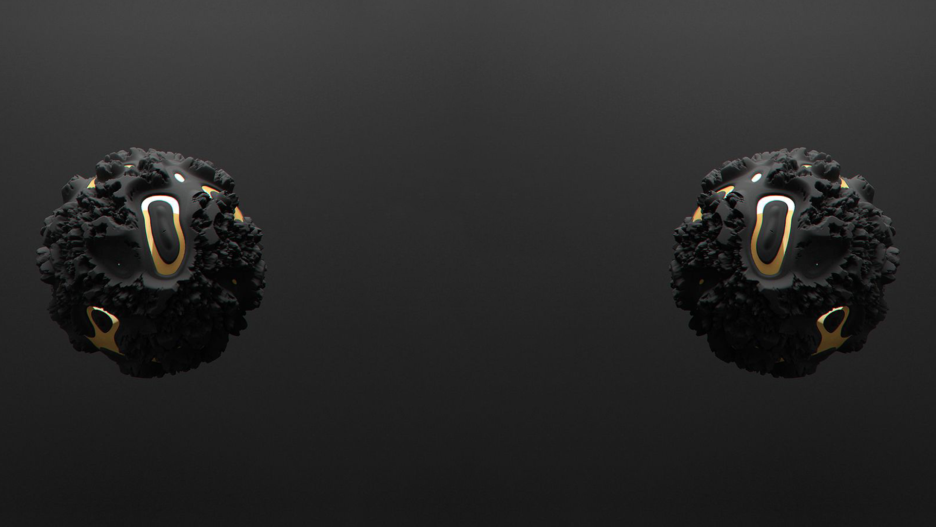 Two abstract black and gold 3D objects on a dark background HD Wallpaper