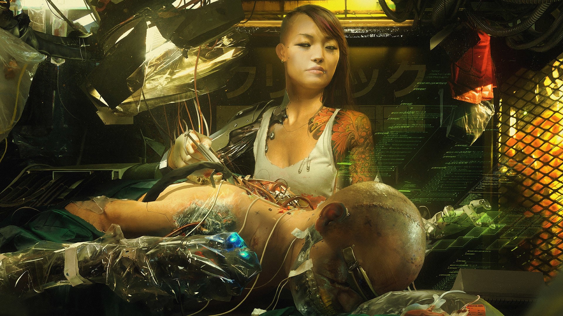 Cyborg surgery in a futuristic laboratory HD Wallpaper