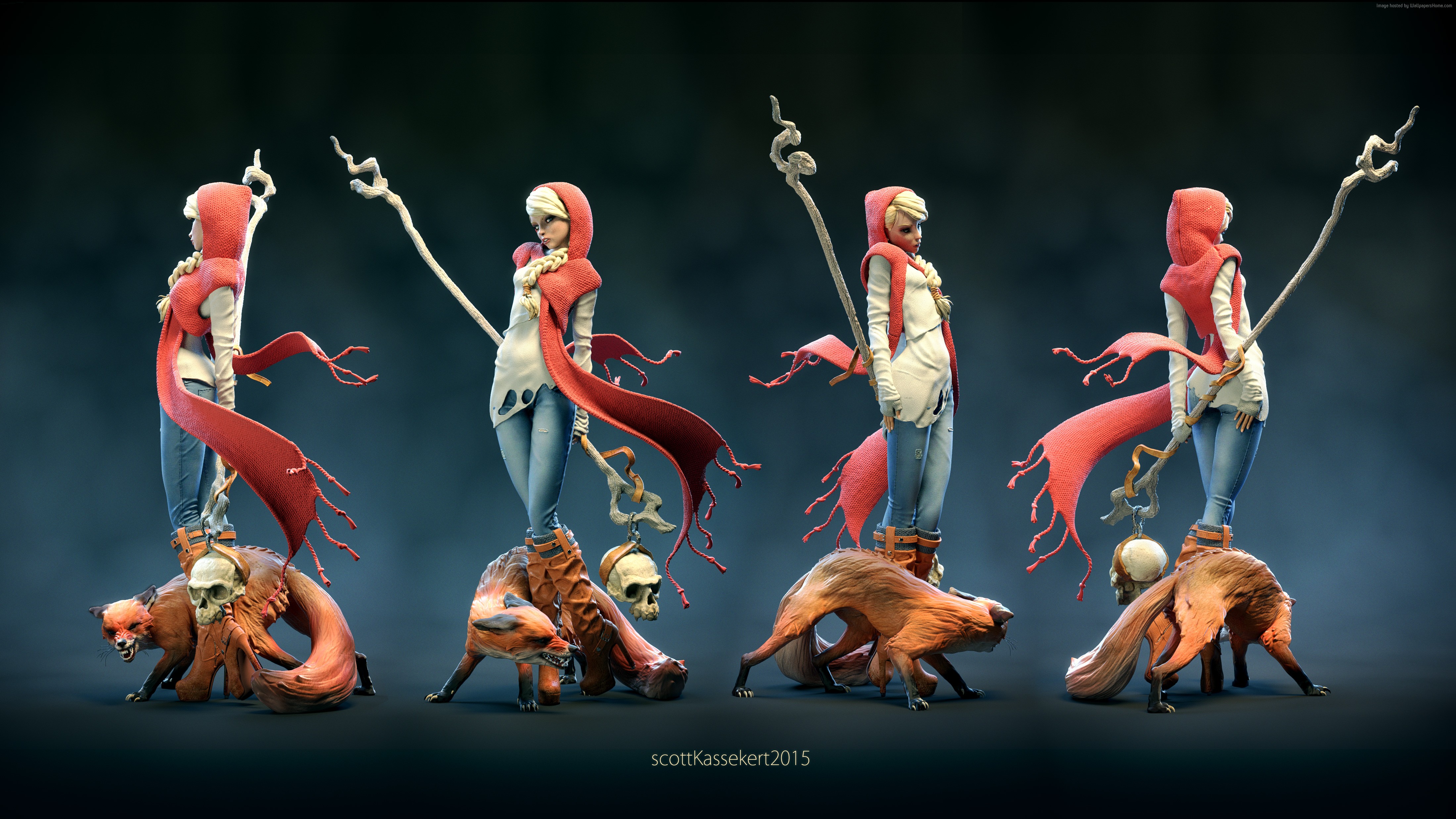 Girl with red hood and foxes HD Wallpaper