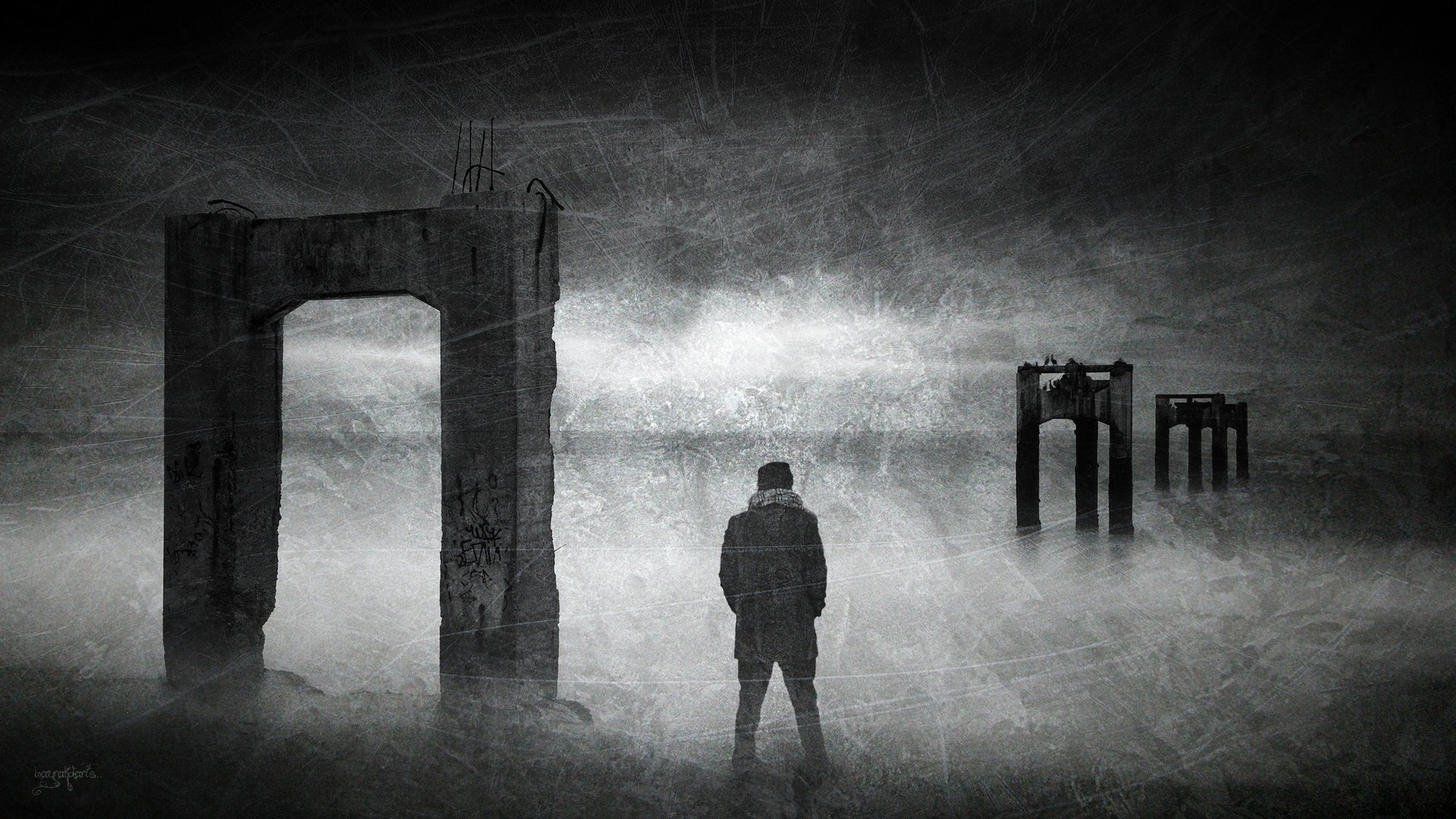 Man standing before ruined structures in fog HD Wallpaper