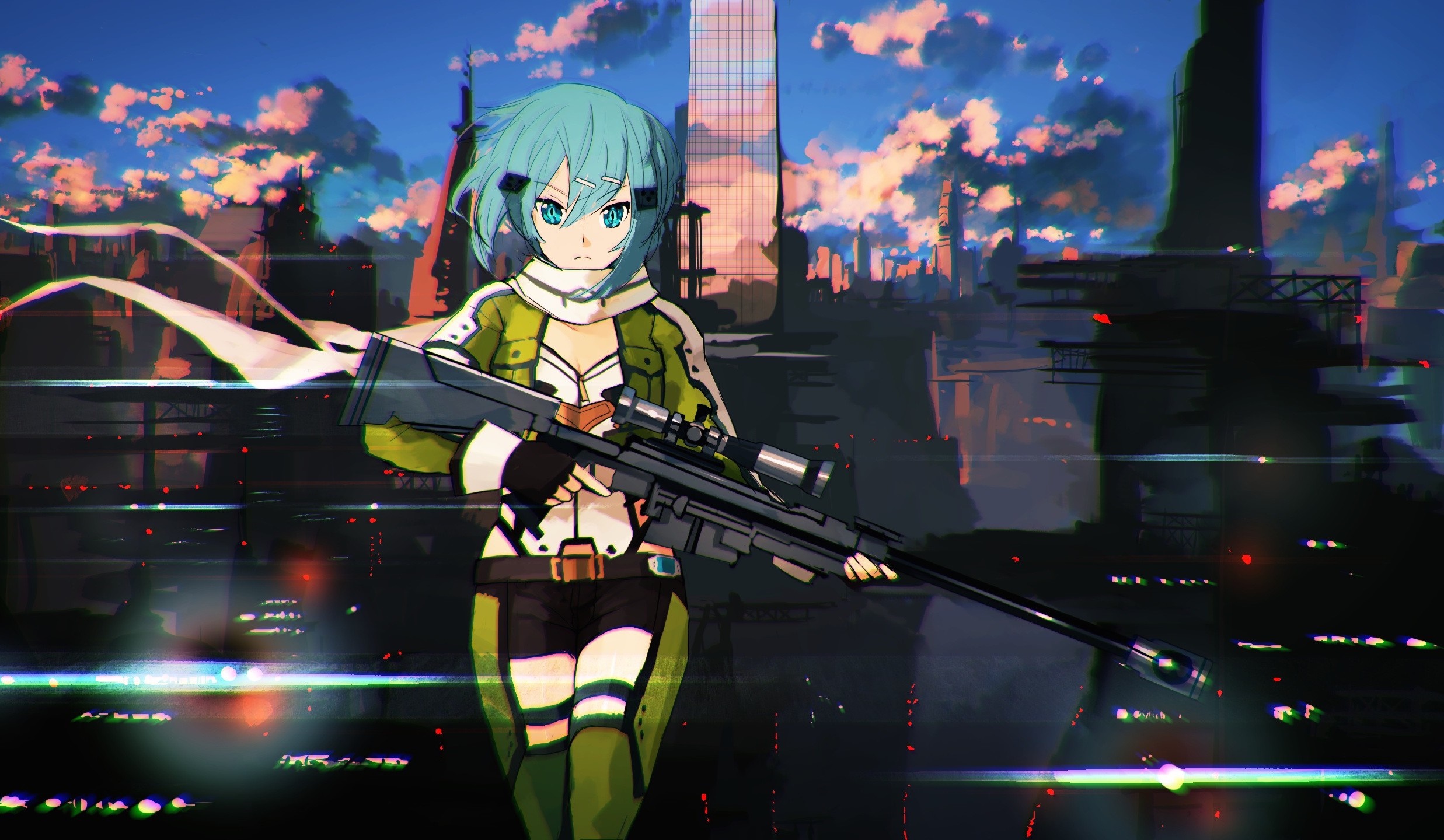 Sinon from Sword Art Online with a sniper rifle HD Wallpaper
