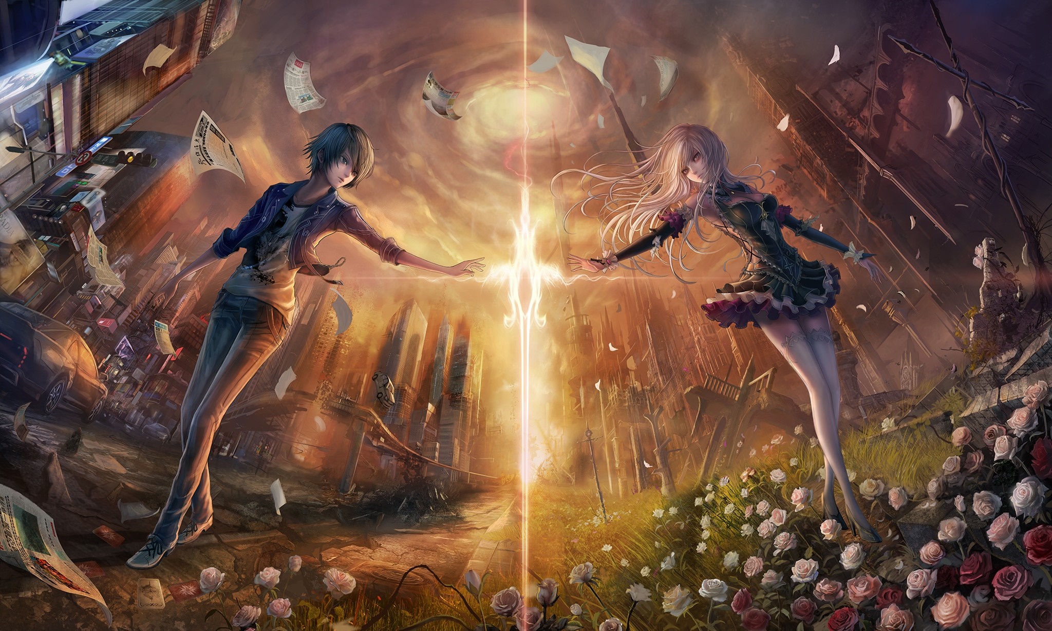 Anime characters reaching for a glowing sword HD Wallpaper
