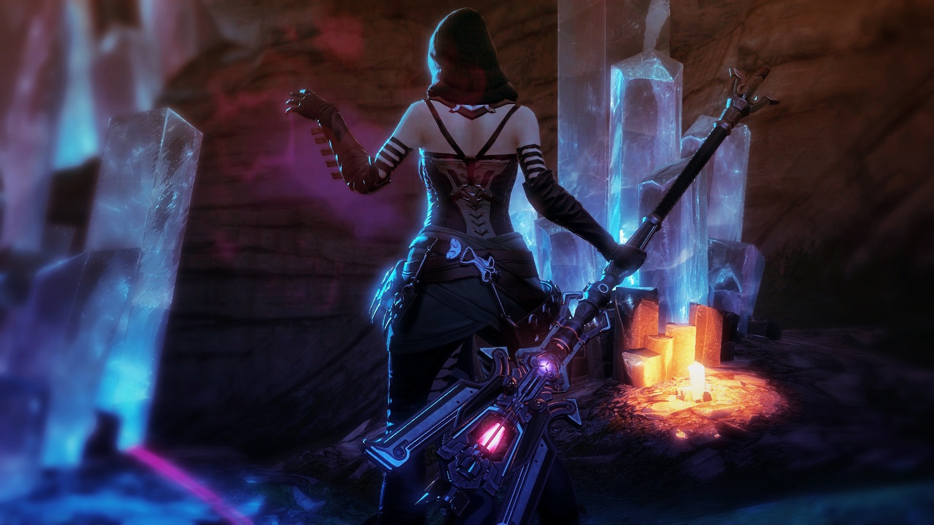 Fictional character with a weapon in a crystal cave HD Wallpaper