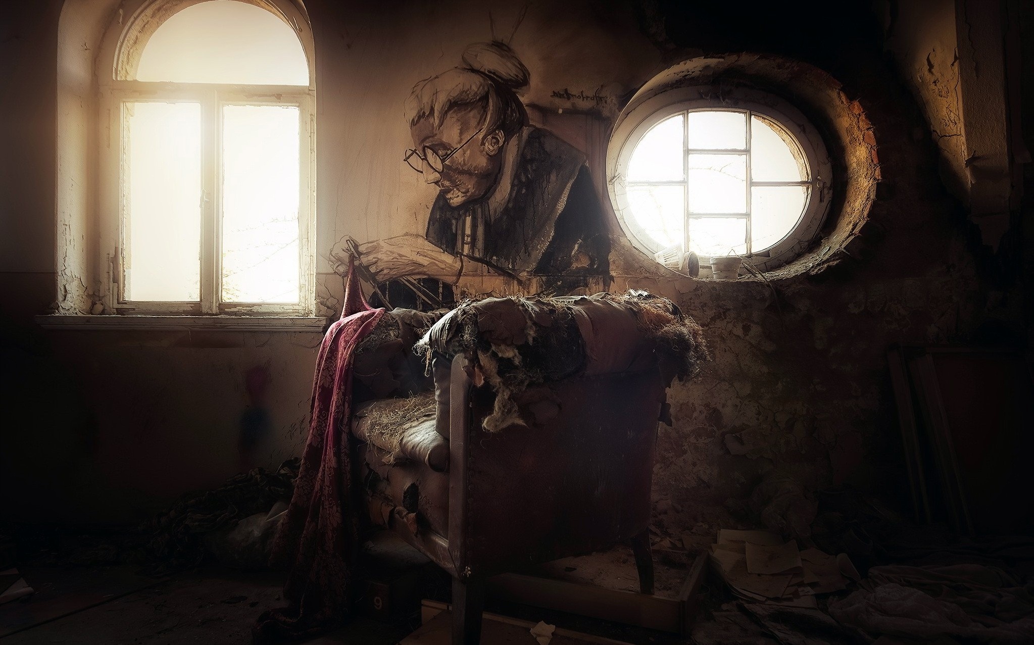Mural of an old woman sewing in an abandoned room HD Wallpaper