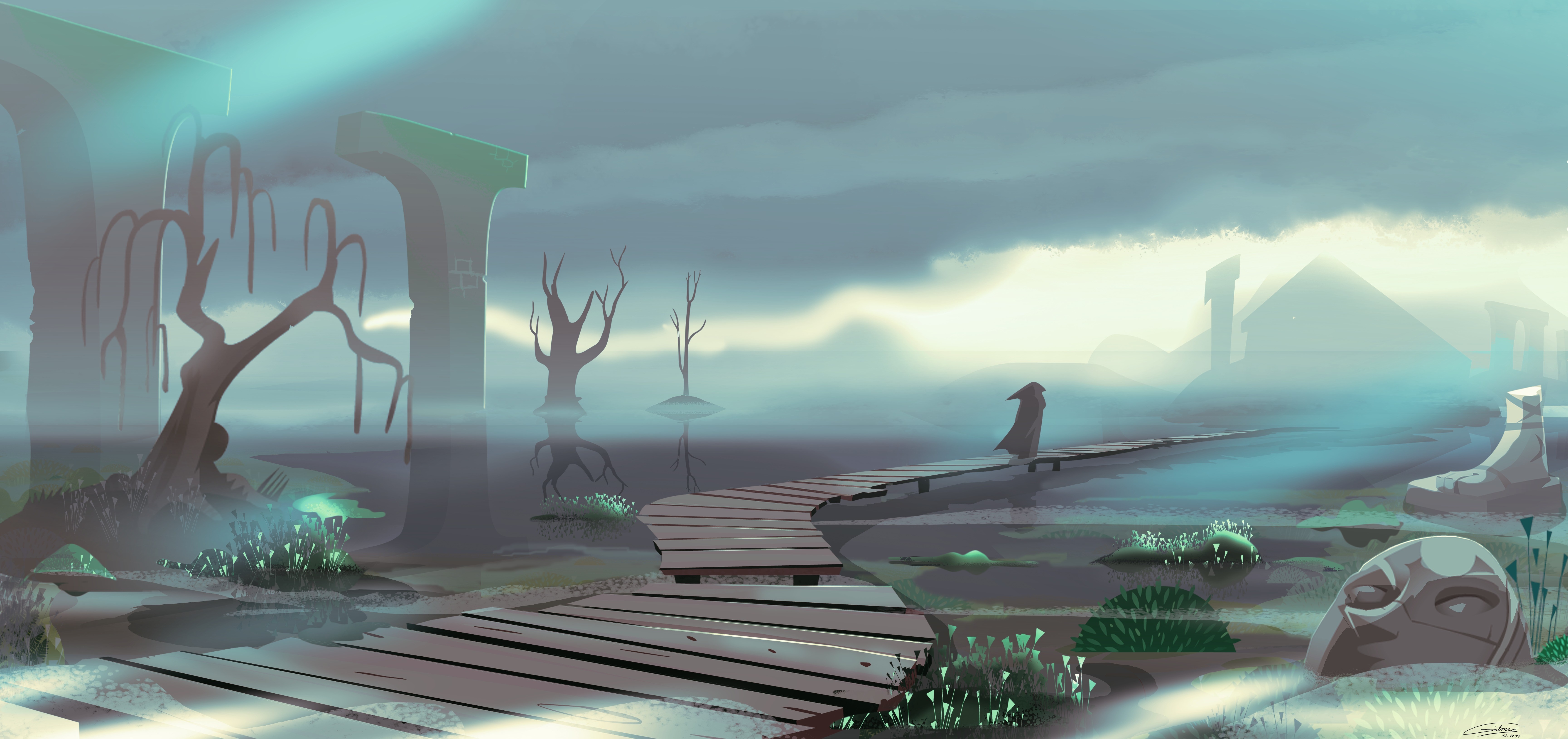 Fantasy swamp with ancient ruins and a cloaked figure HD Wallpaper