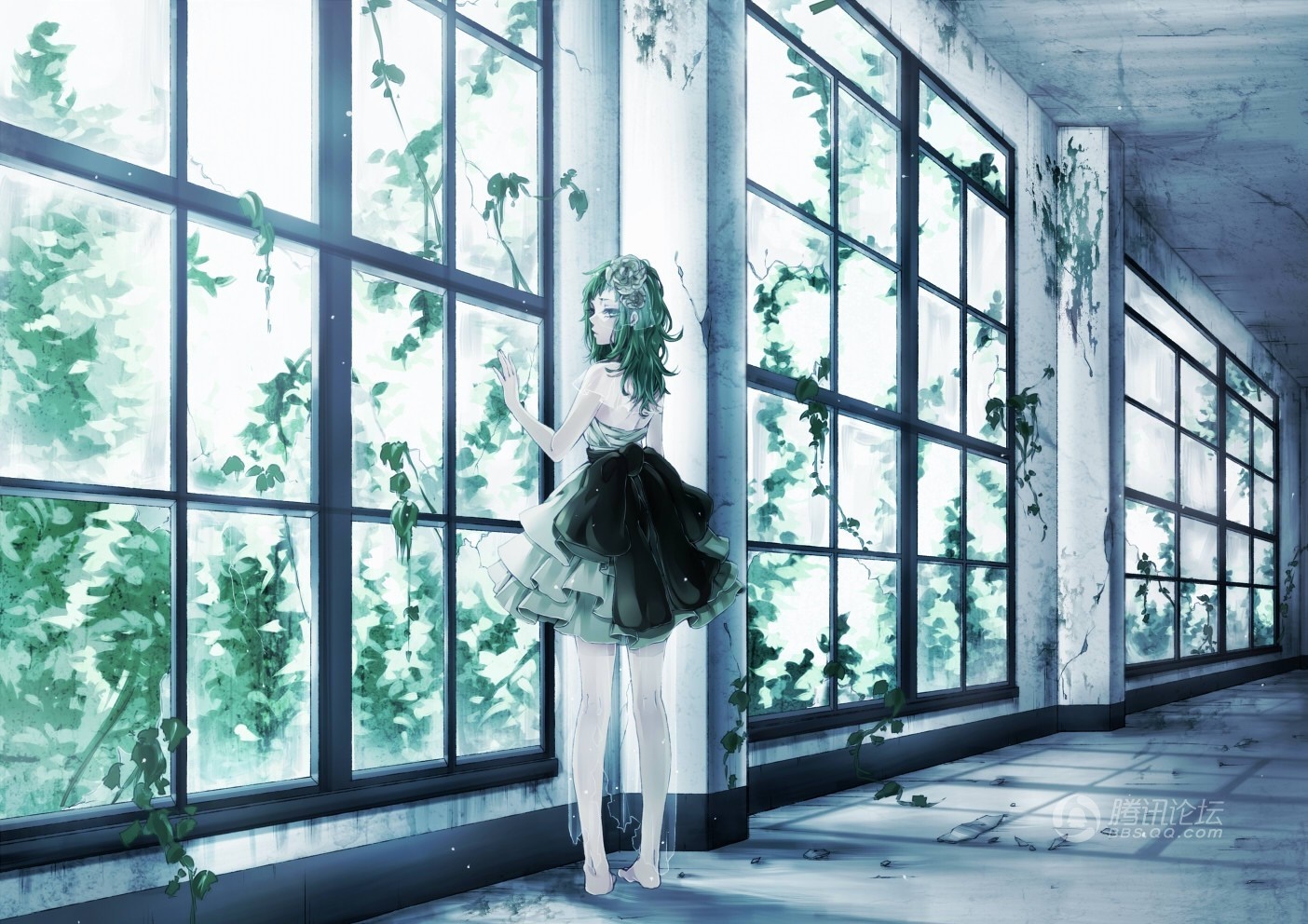 Megpoid Gumi in abandoned building with vines HD Wallpaper