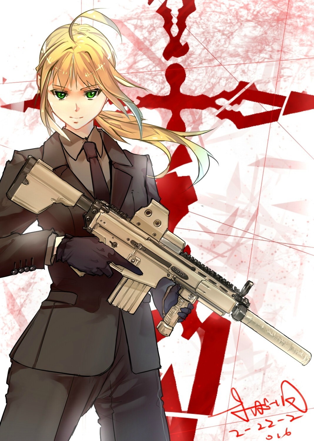 Saber from Fate Series with a rifle HD Wallpaper