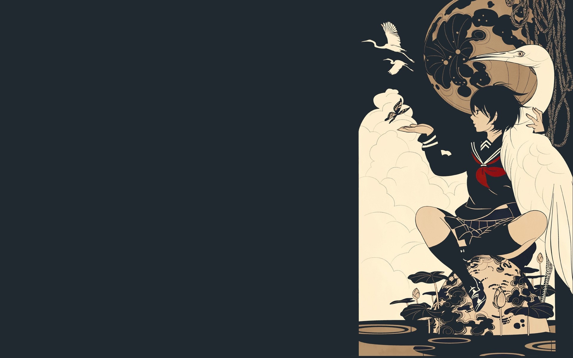 Girl with cranes and moon HD Wallpaper
