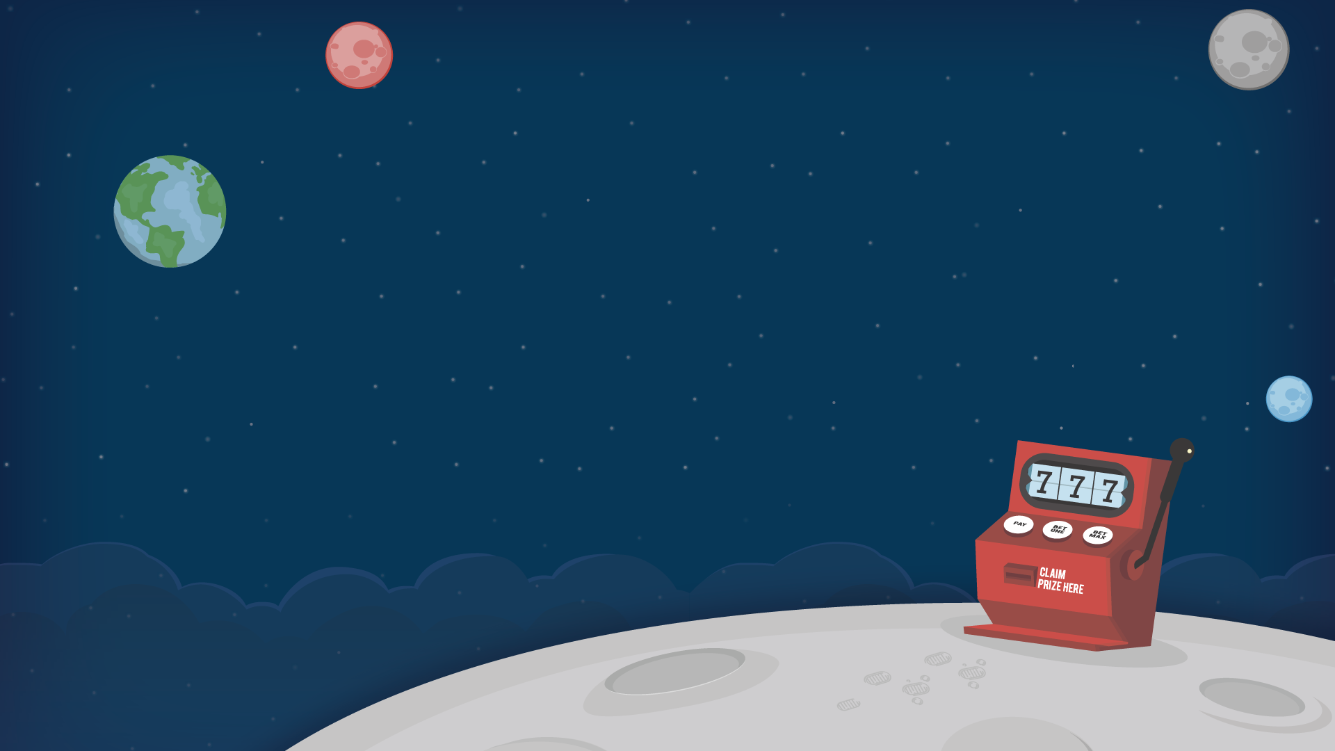 Slot machine on the Moon with planets in the background HD Wallpaper