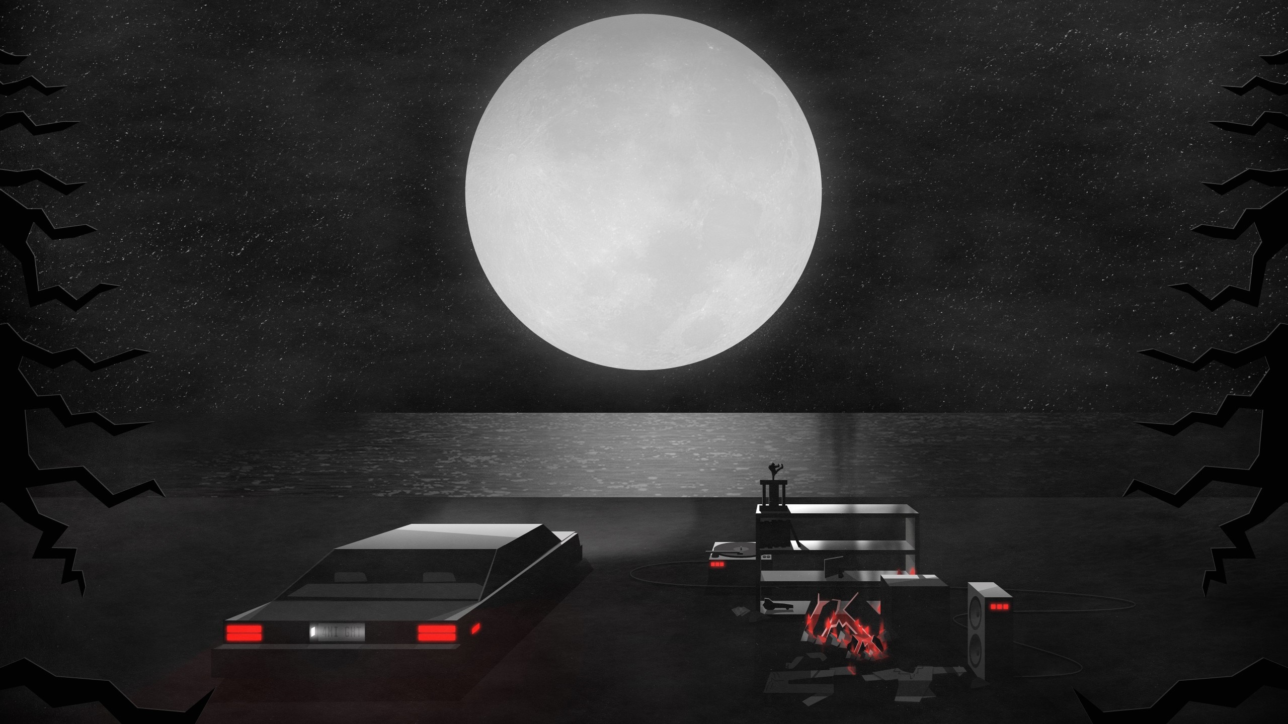 Car and speakers by the water under the moon HD Wallpaper