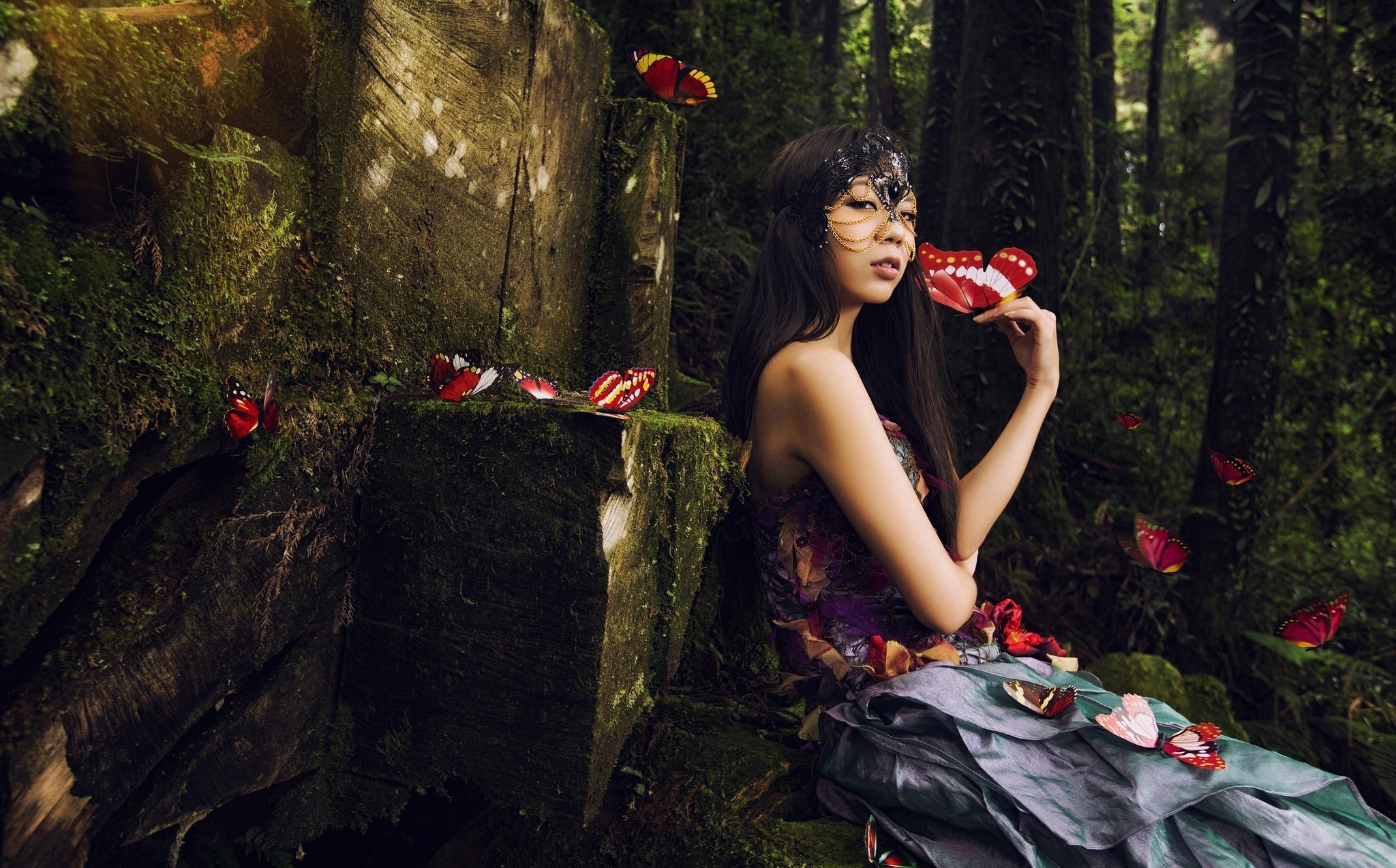 Woman in a fantasy forest with butterflies HD Wallpaper