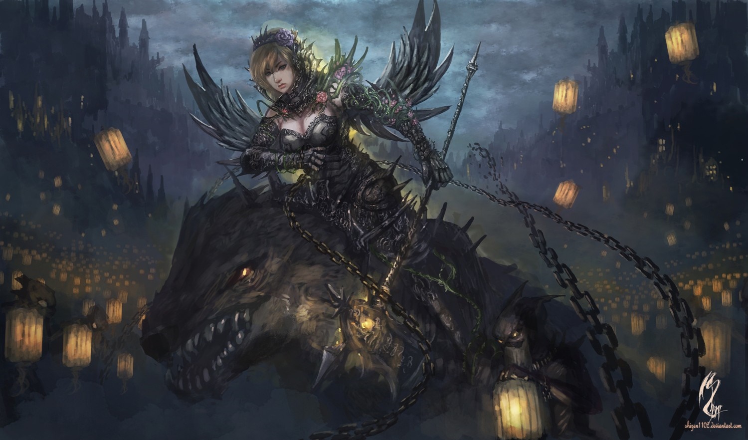 Fantasy warrior riding a dark beast through a city of lanterns HD Wallpaper