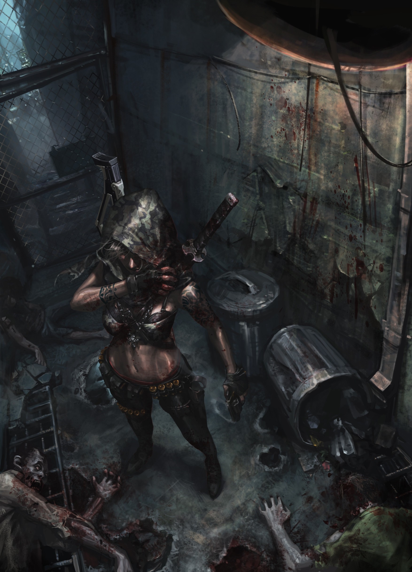 Post-apocalyptic woman with sword and gun surrounded by zombies HD Wallpaper