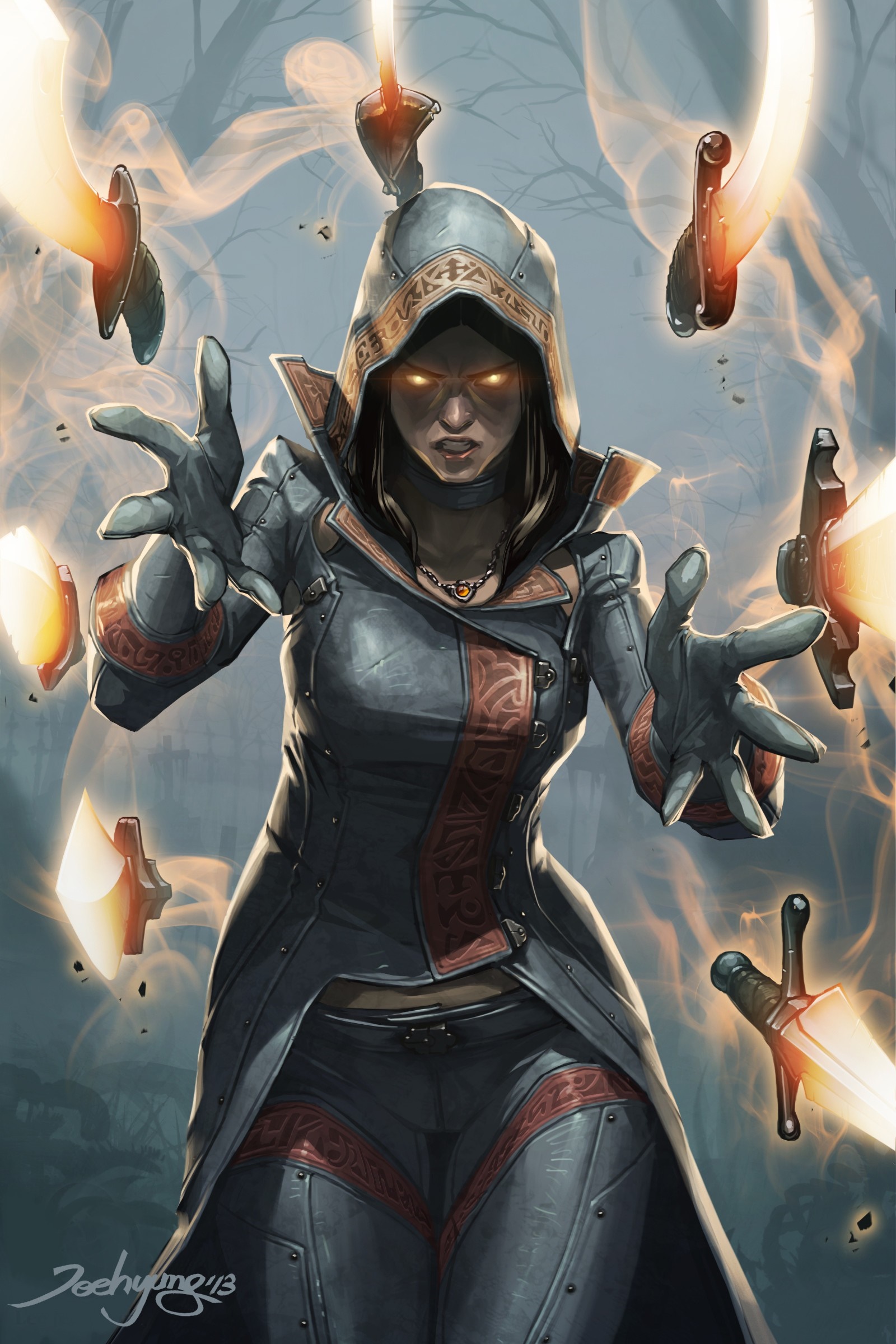 Fantasy woman with glowing eyes and floating swords HD Wallpaper